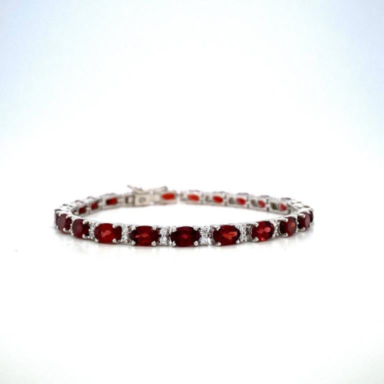 Oval Cut Deep Red Garnet and Diamond Sterling Silver Tennis Bracelet for Her For Sale