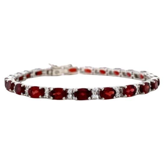 Deep Red Garnet and Diamond Sterling Silver Tennis Bracelet for Her For Sale