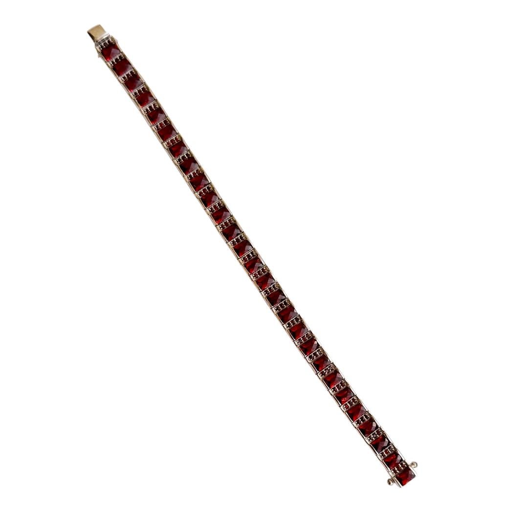Art Deco Deep Red Garnet Stone Sterling Silver Tennis Bracelet Engagement Gift for Her For Sale