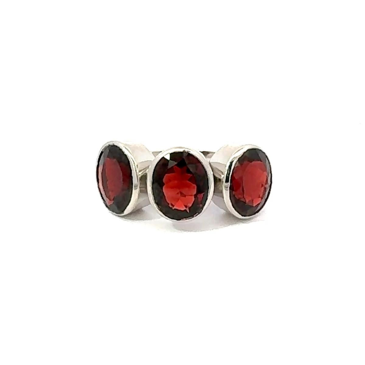 For Sale:  Deep Red Garnet Triple Stone Bezel Set Unisex Cocktail Ring for Him 925 Silver 6