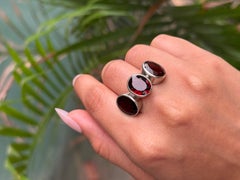 Deep Red Garnet Triple Stone Bezel Set Unisex Cocktail Ring for Him 925 Silver