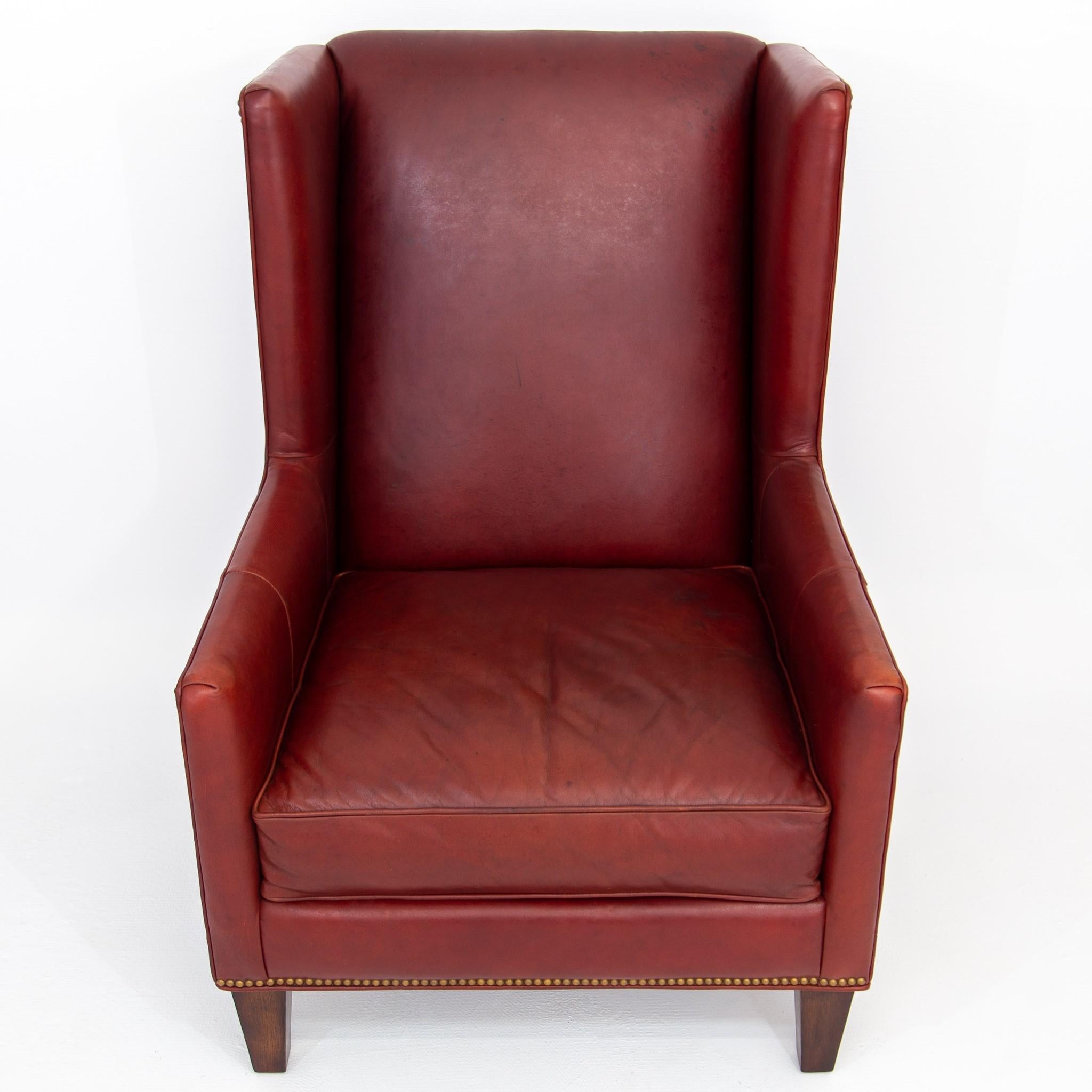 Deep Red Leather Wingback Fireside Chair with Brass Nailhead Trim by Massoud 2