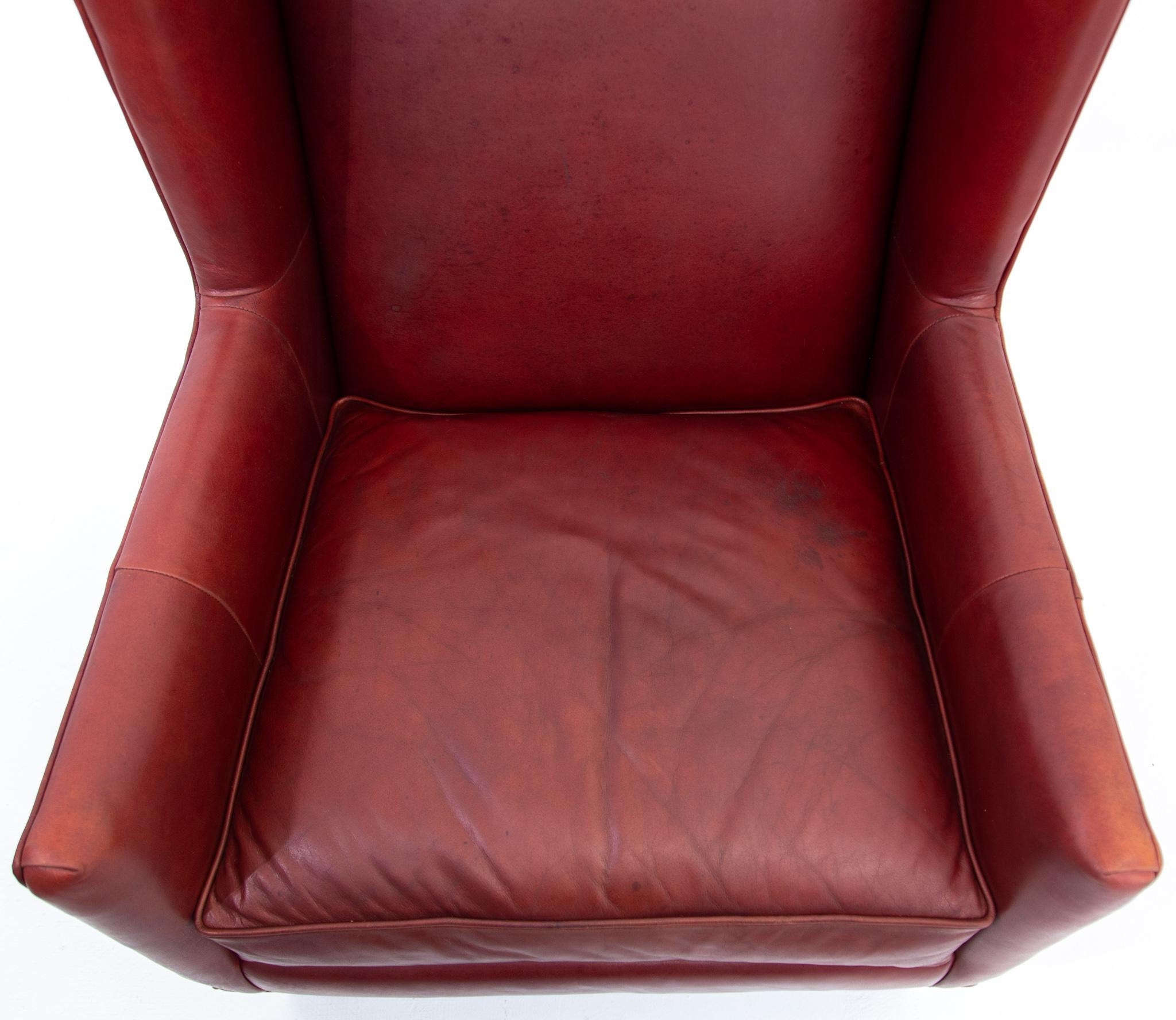 Deep Red Leather Wingback Fireside Chair with Brass Nailhead Trim by Massoud 3