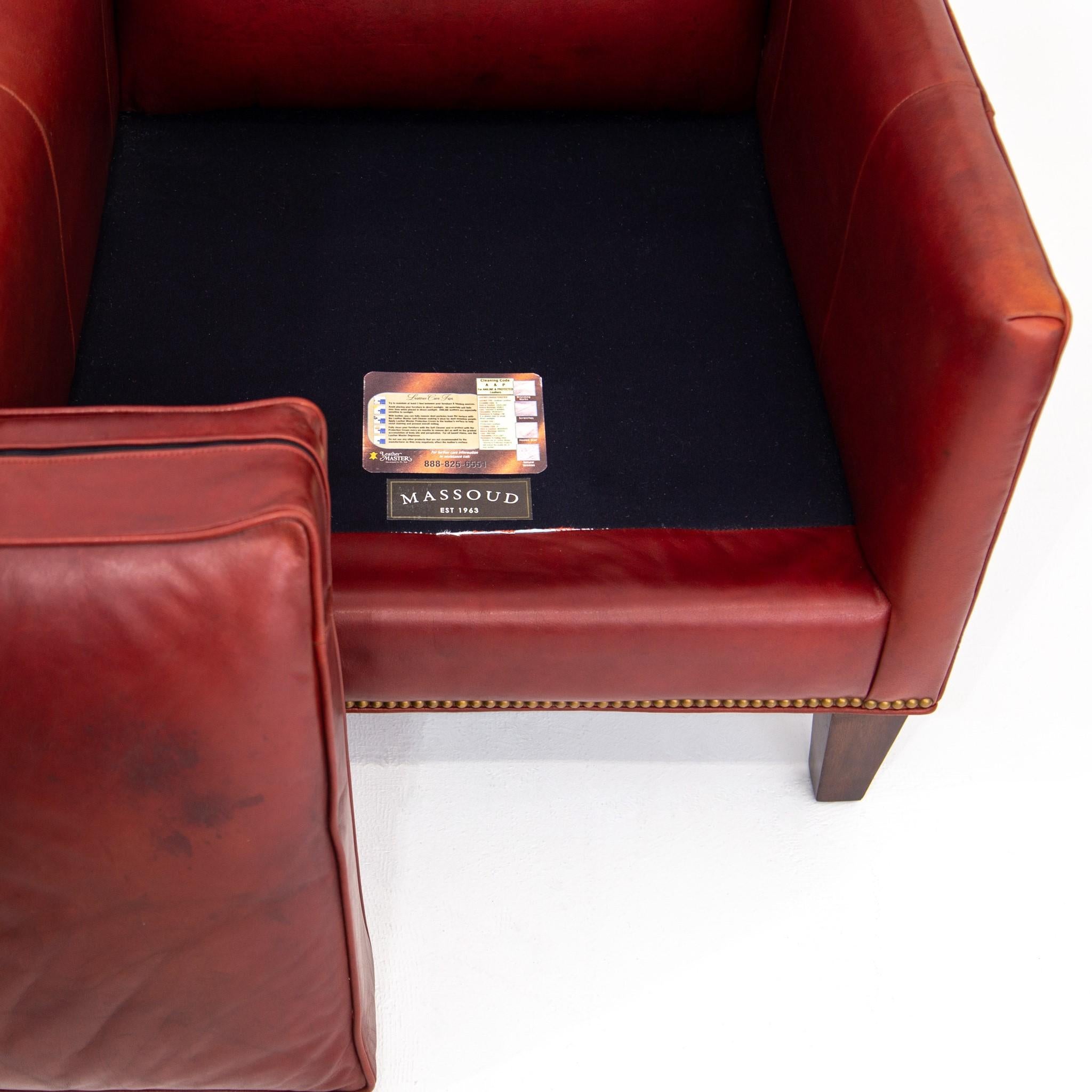 Deep Red Leather Wingback Fireside Chair with Brass Nailhead Trim by Massoud 4