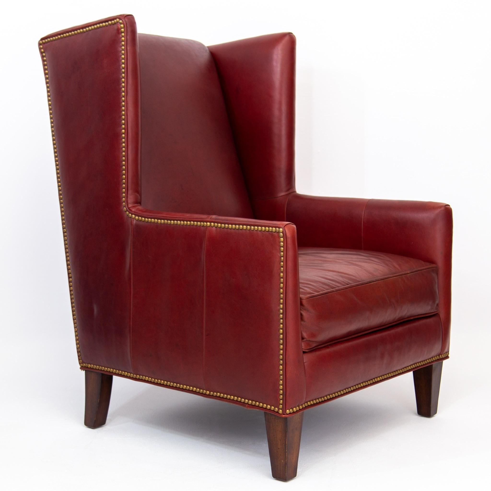 Deep Red Leather Wingback Fireside Chair with Brass Nailhead Trim by Massoud 5