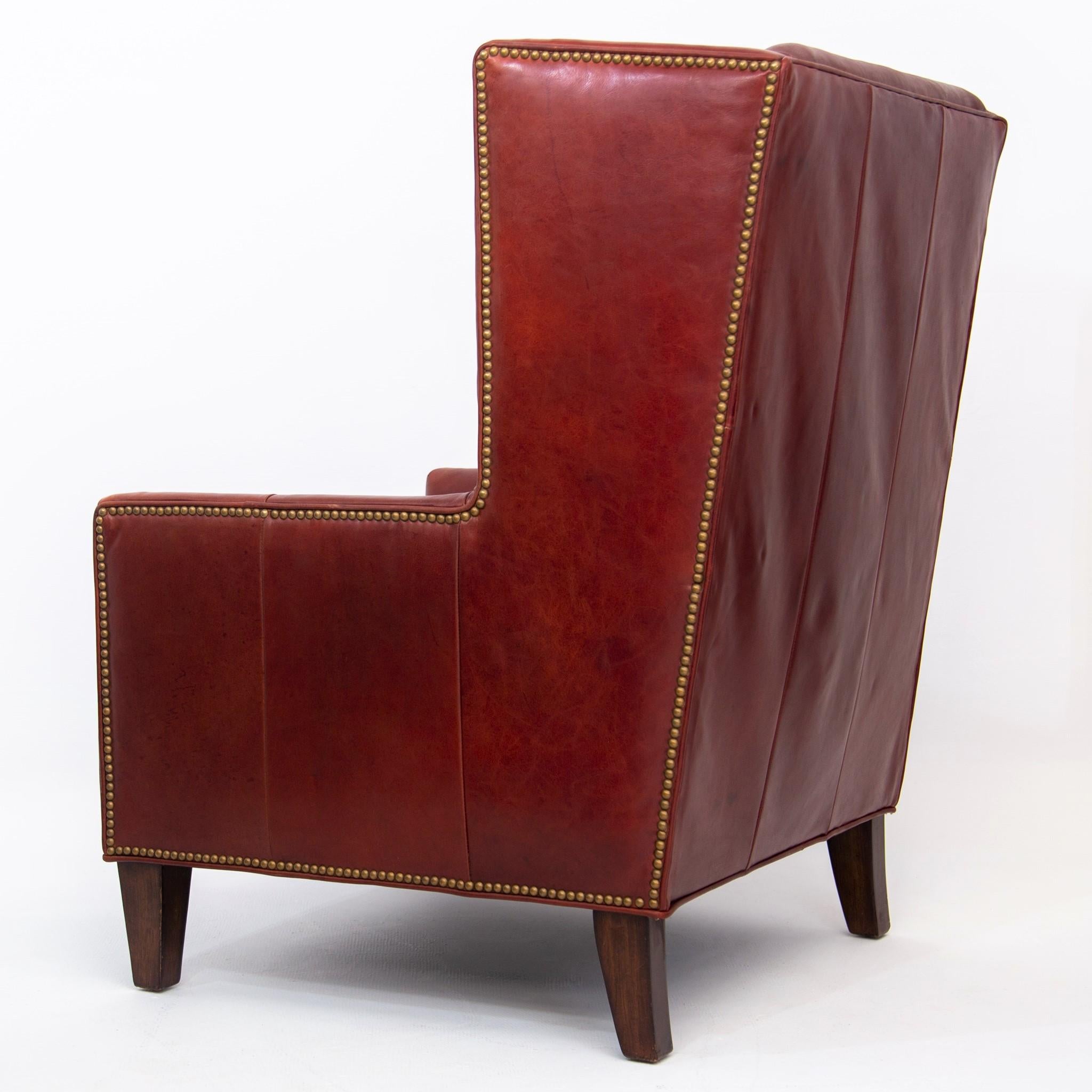 North American Deep Red Leather Wingback Fireside Chair with Brass Nailhead Trim by Massoud
