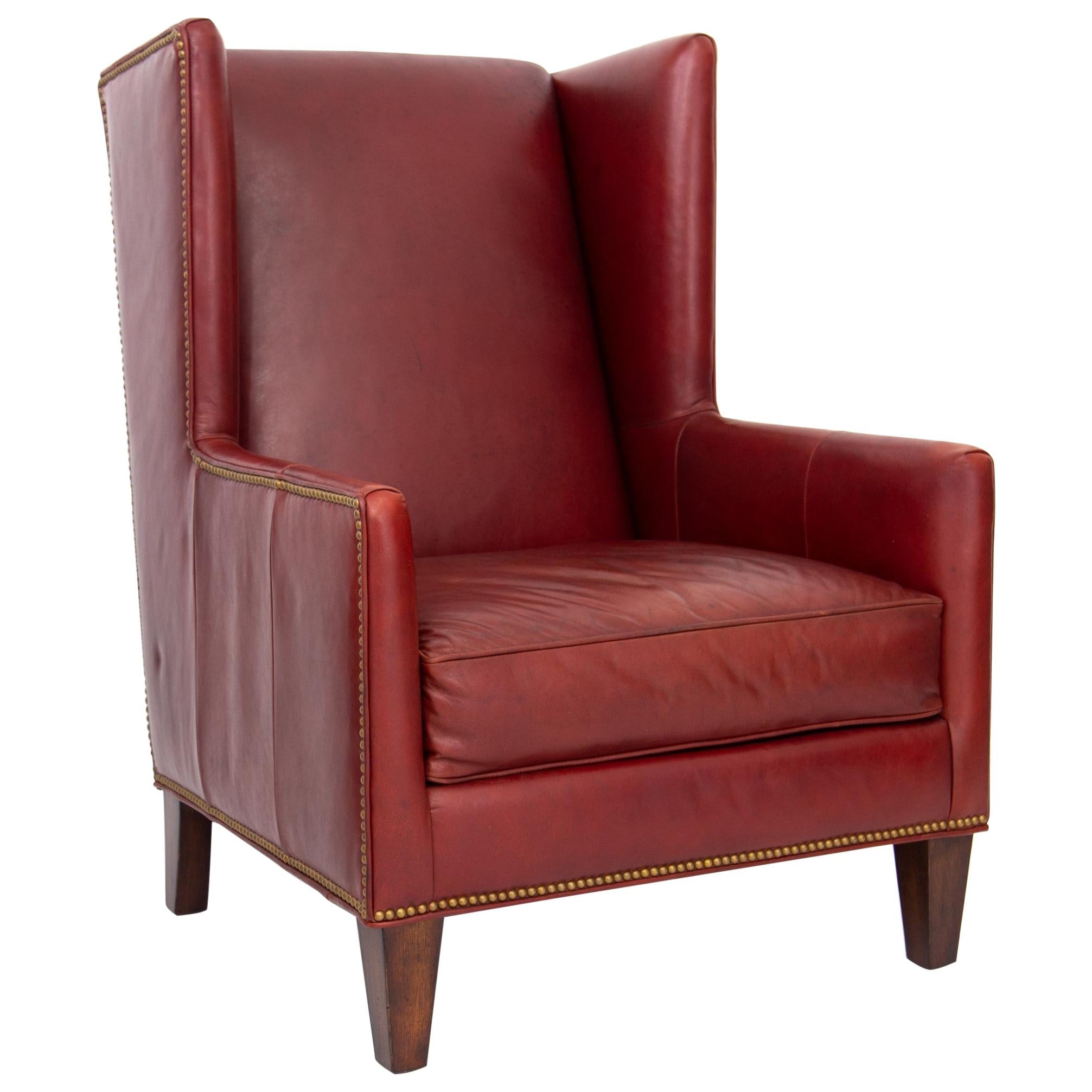 Deep Red Leather Wingback Fireside Chair with Brass Nailhead Trim by Massoud