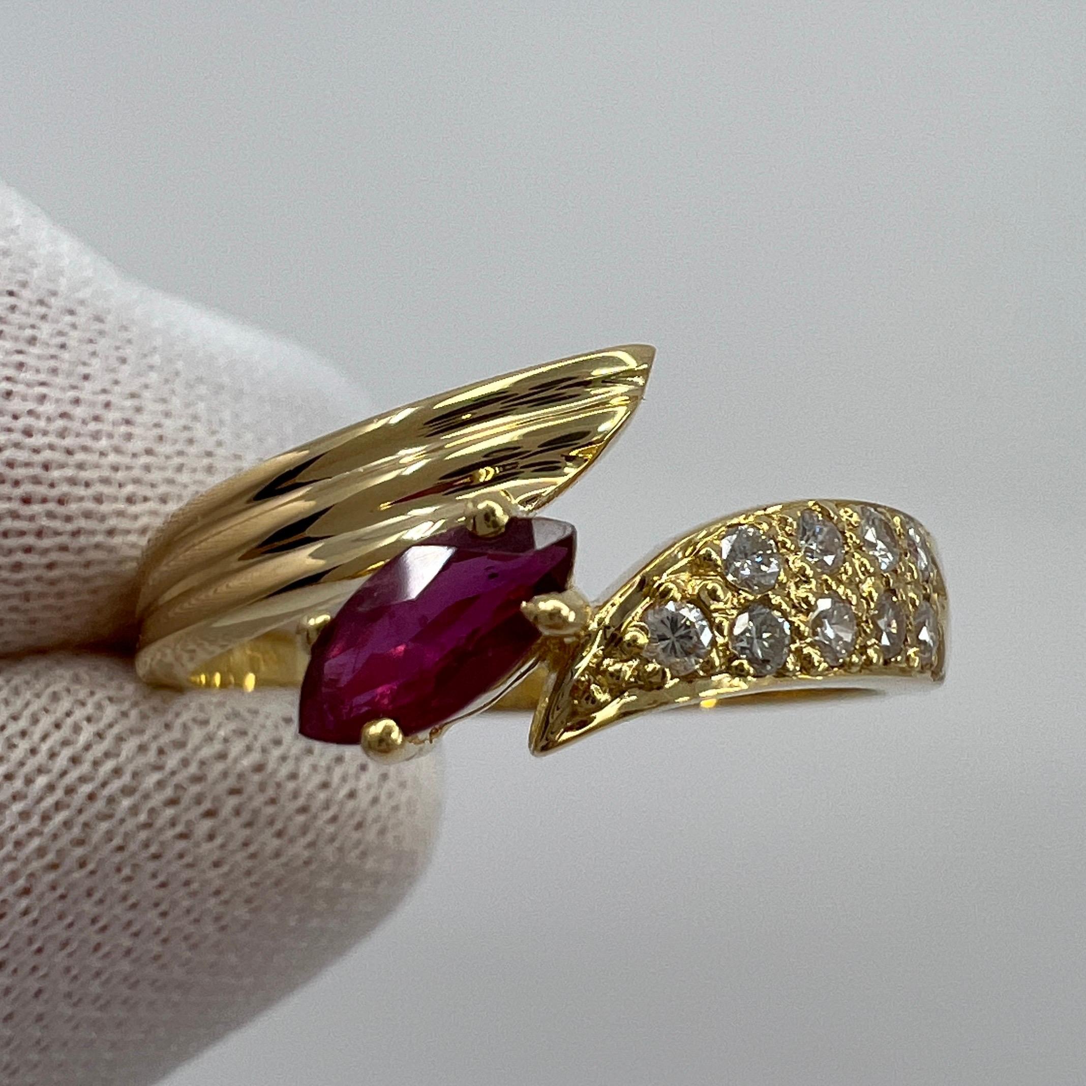 Deep Red Marquise Cut Ruby & Pave Diamond 18k Yellow Gold Cluster Fancy Ring In Excellent Condition For Sale In Birmingham, GB
