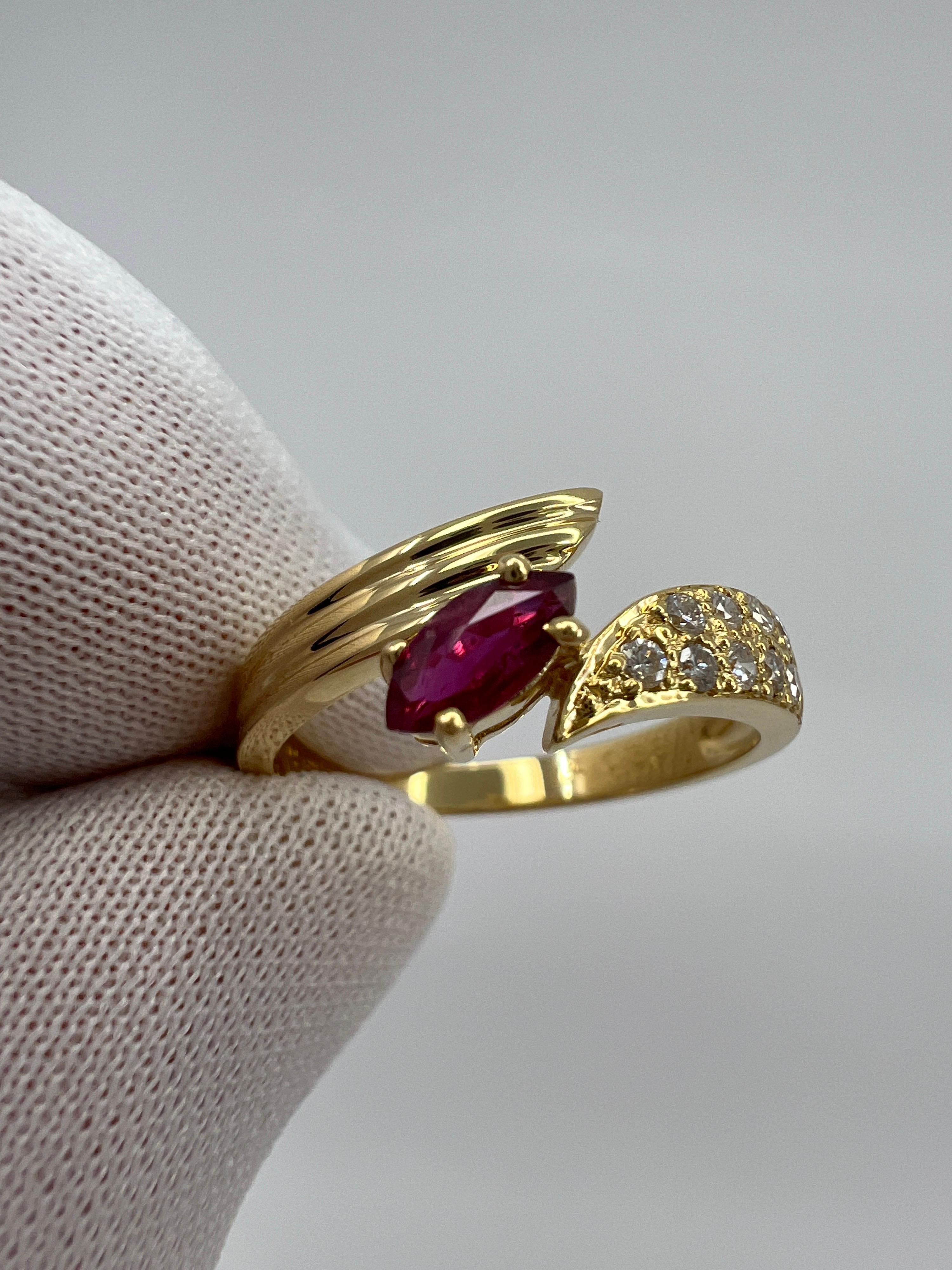 Deep Red Marquise Cut Ruby & Pave Diamond 18k Yellow Gold Cluster Fancy Ring For Sale 1