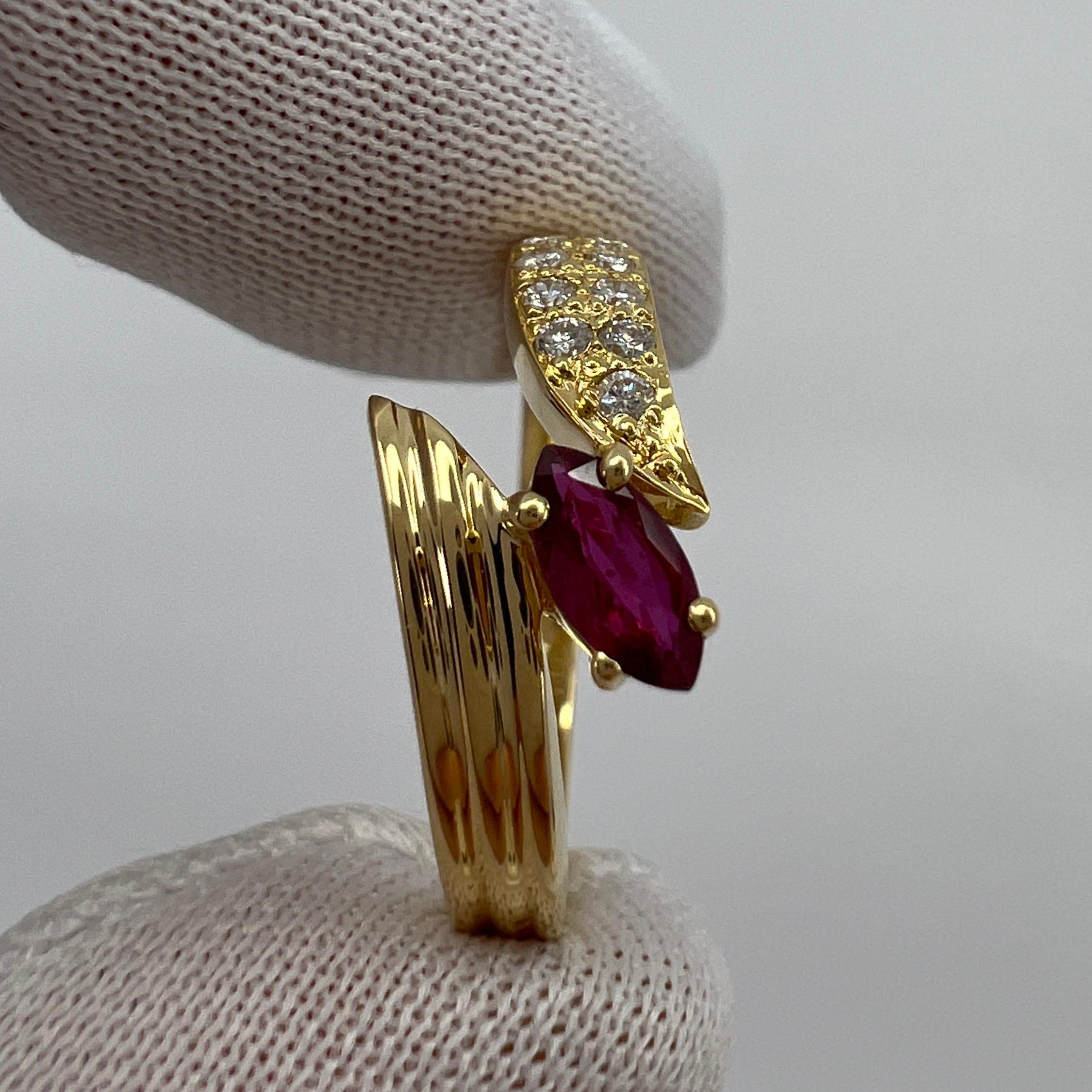 Deep Red Marquise Cut Ruby & Pave Diamond 18k Yellow Gold Cluster Fancy Ring For Sale 2