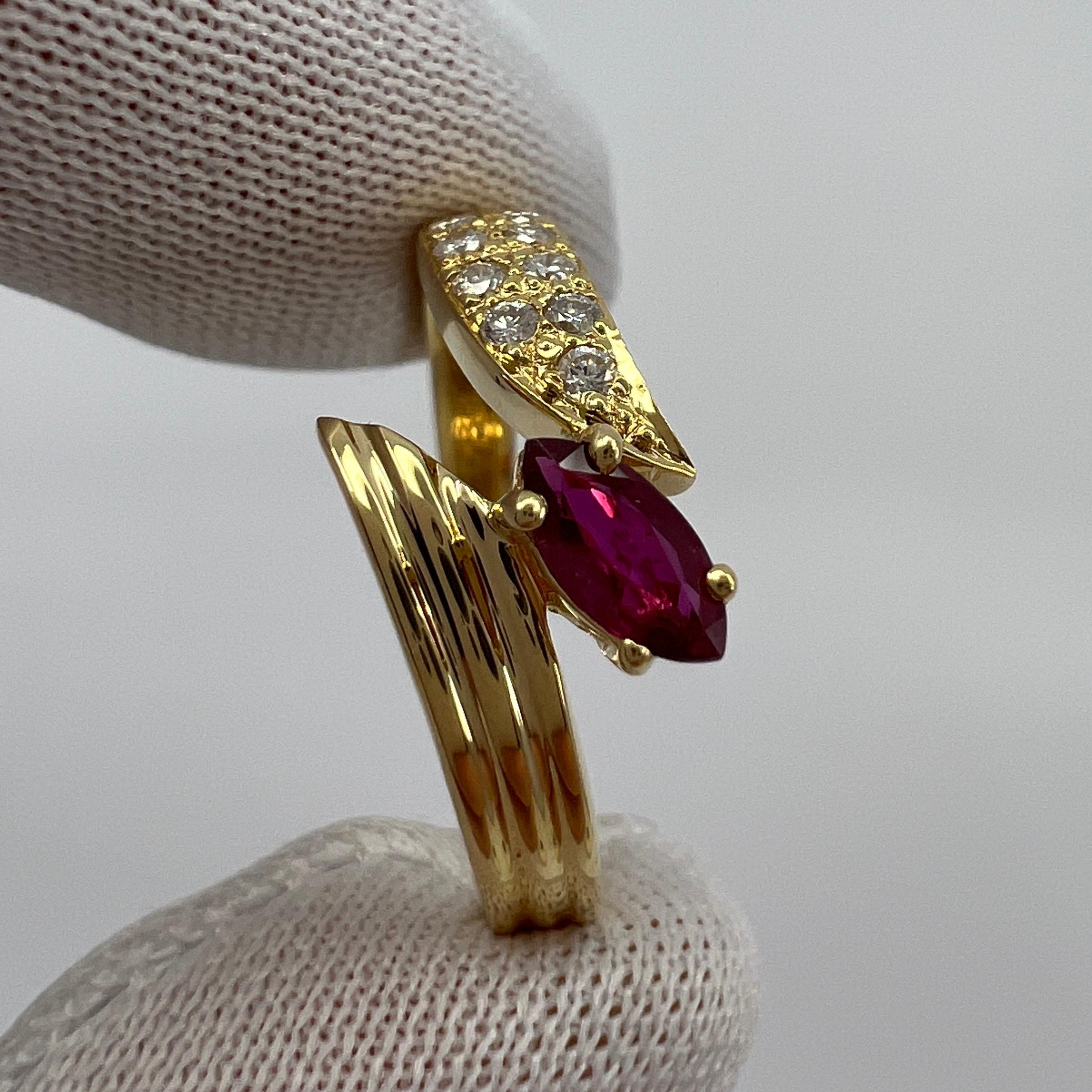 Deep Red Marquise Cut Ruby & Pave Diamond 18k Yellow Gold Cluster Fancy Ring For Sale 3
