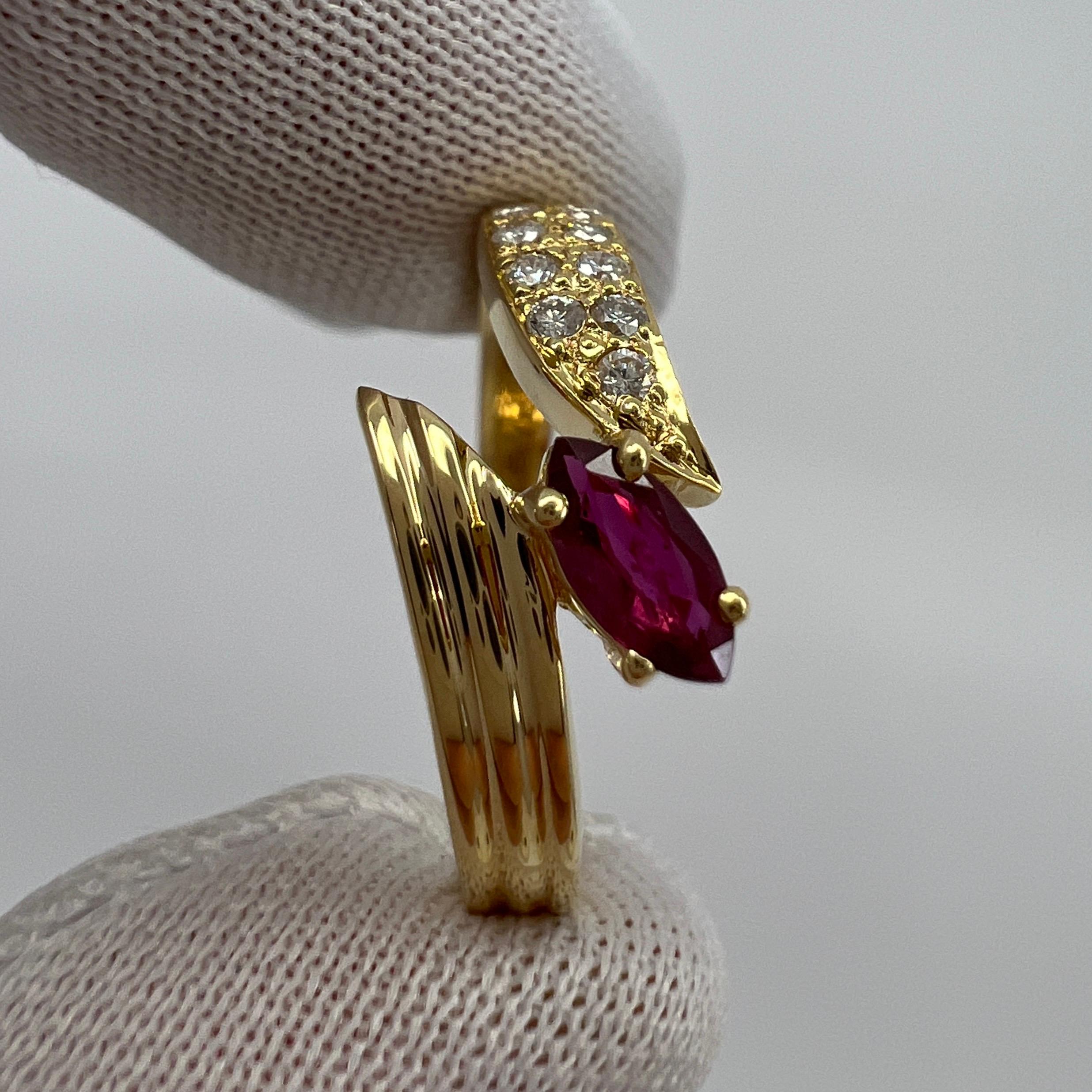 Deep Red Marquise Cut Ruby & Pave Diamond 18k Yellow Gold Cluster Fancy Ring For Sale 4