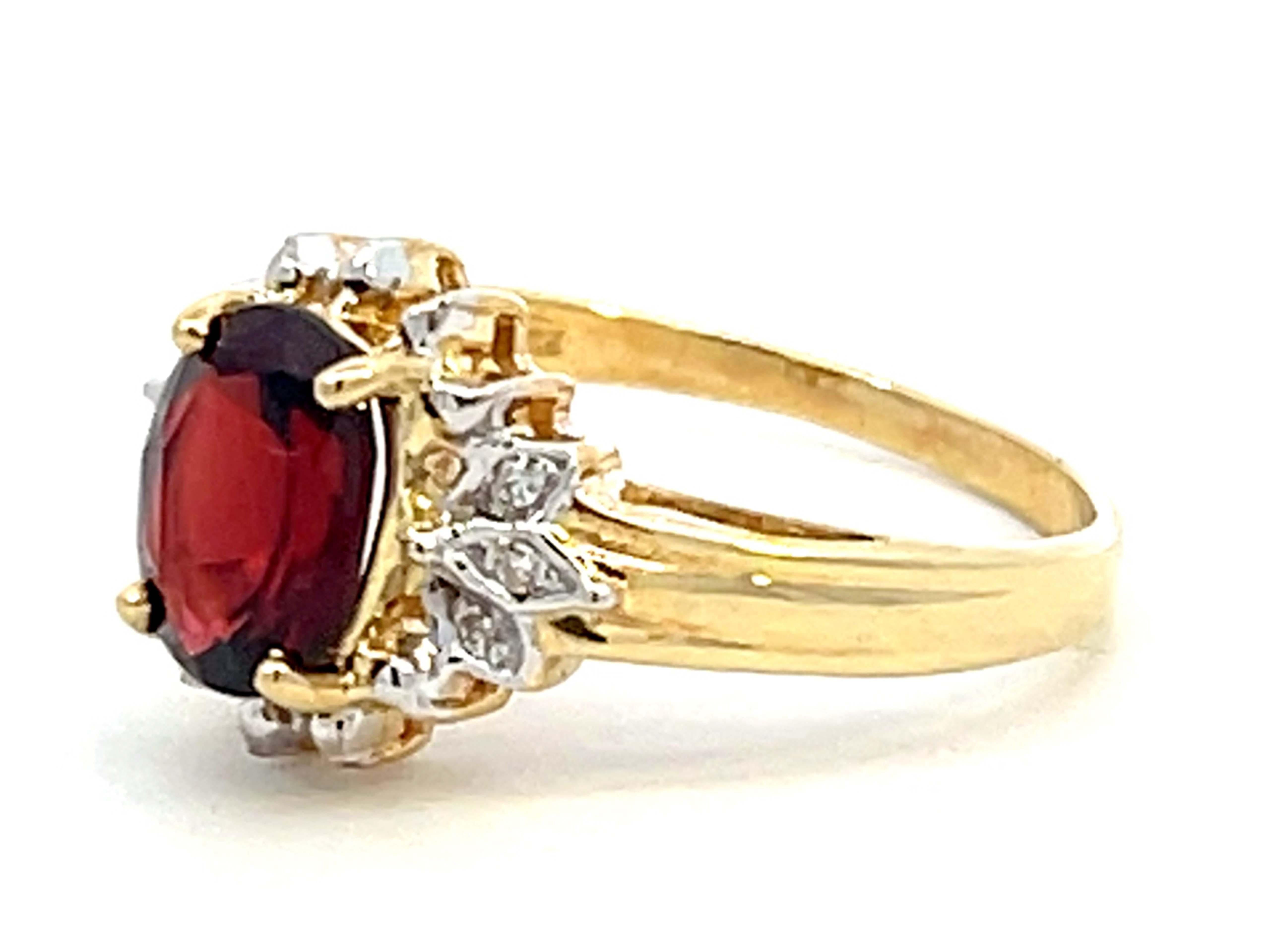 Oval Cut Deep Red Oval Garnet and Diamond Ring 14k Yellow Gold For Sale