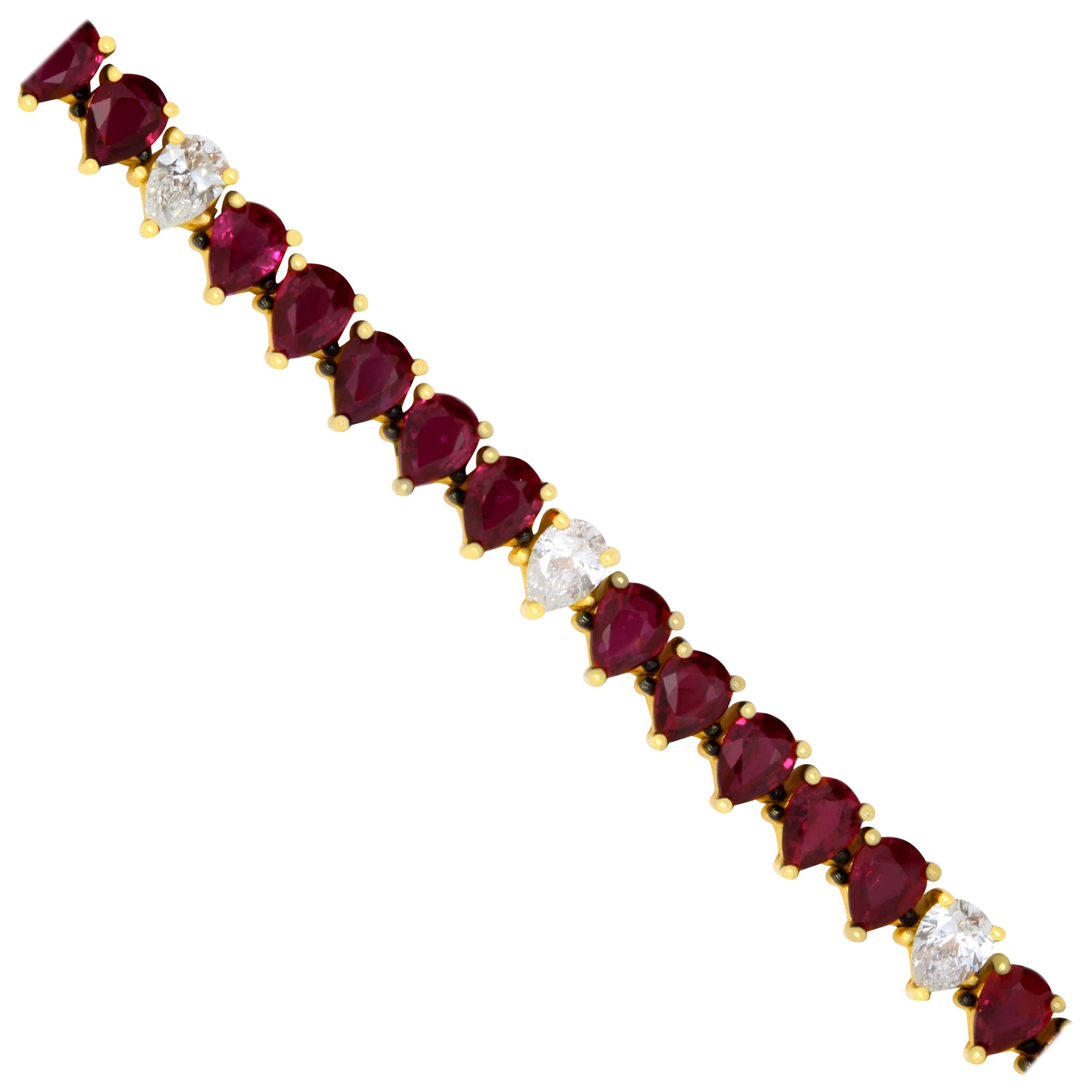 Deep Red Pear Shape Ruby Diamond 14K Rose Gold Tennis Line Eternity Bracelet