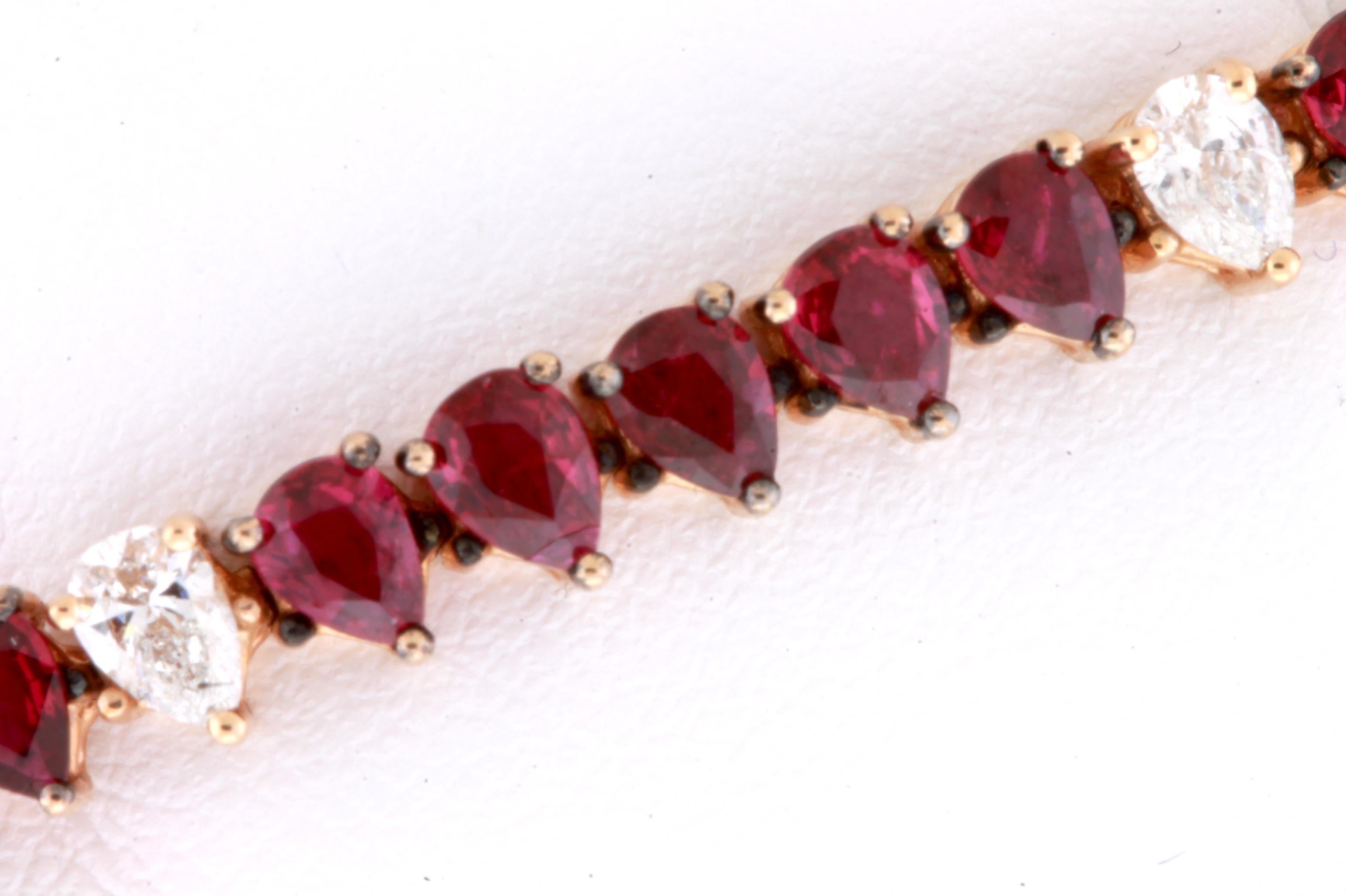 Contemporary Deep Red Pear Shape Ruby Diamond 14K Rose Gold Tennis Line Eternity Bracelet