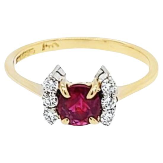 Deep Red Ruby and Diamond Ring in Yellow Gold For Sale