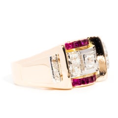 Deep Red Ruby and Old Mine Cut Diamond 1930s Art Deco Ring 18 Carat Gold