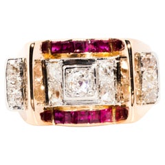 Deep Red Ruby and Old Mine Cut Diamond 1930s Art Deco Ring 18 Carat Gold
