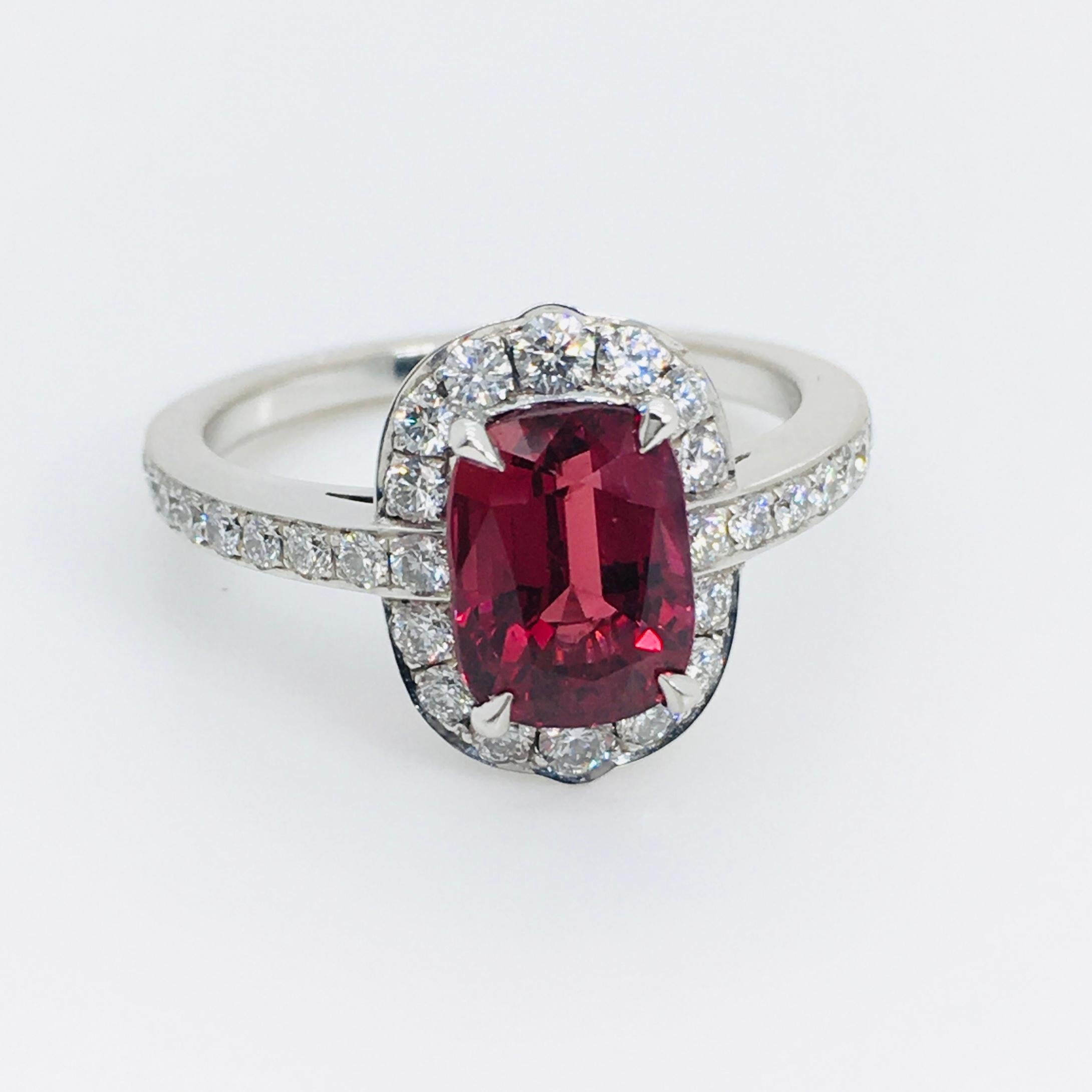 Cushion Cut 2.70 Carats Deep Red Ruby and White Diamond Halo Ring For Sale