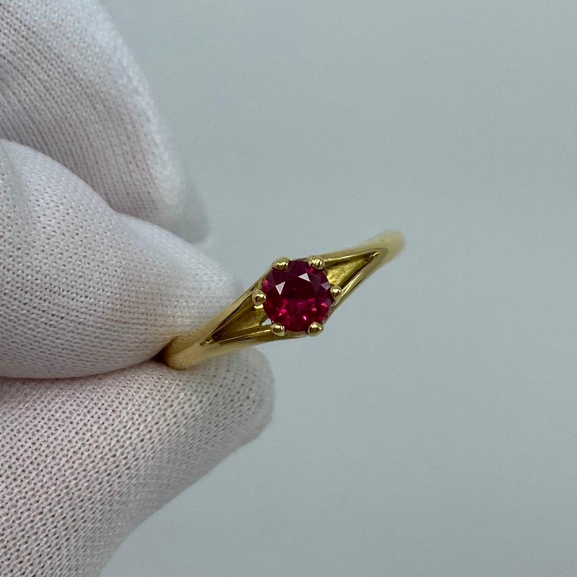 Deep Red Ruby Round Diamond Cut 18 Karat Yellow Gold Solitaire Ring 4