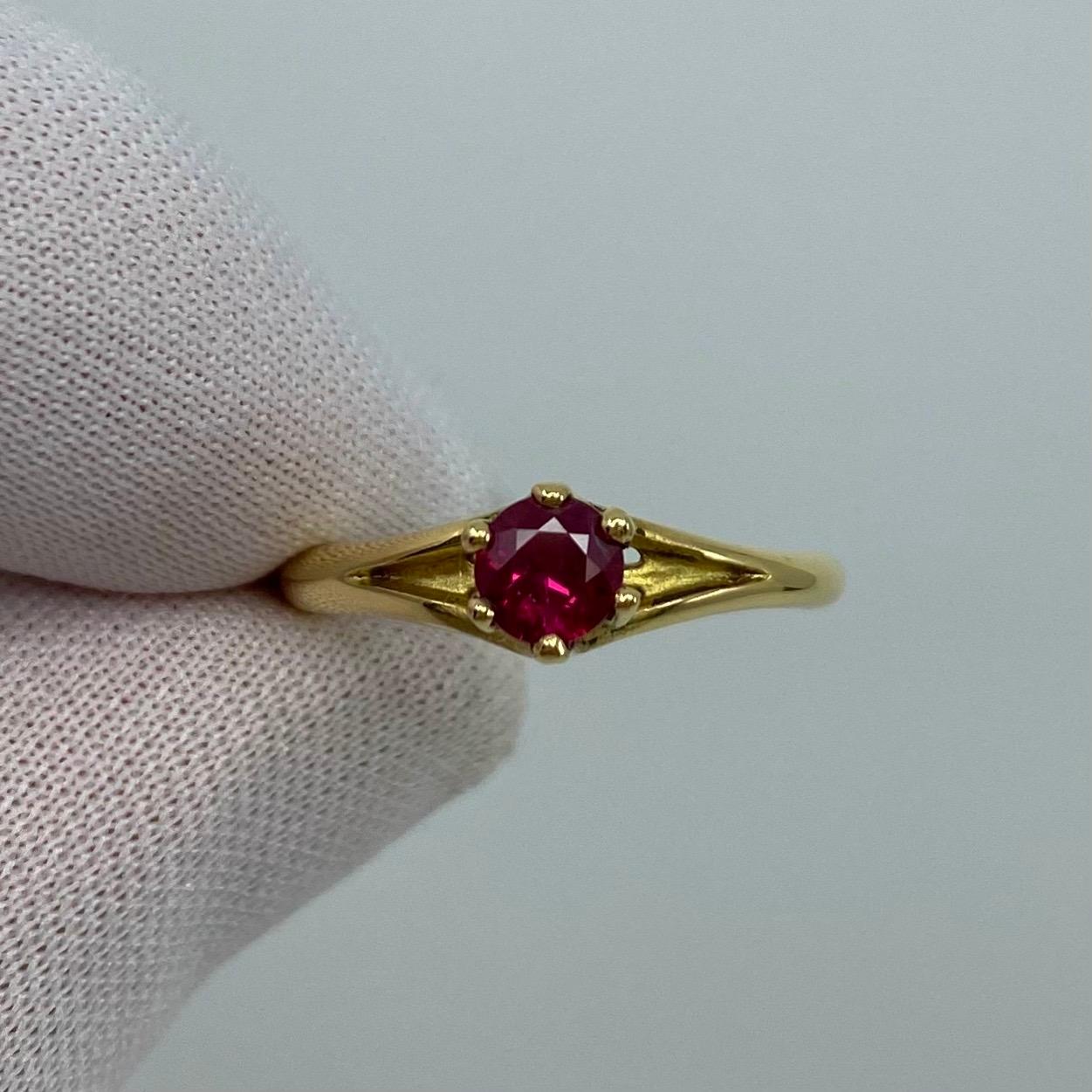 Deep Red Ruby Round Diamond Cut 18 Karat Yellow Gold Solitaire Ring 5