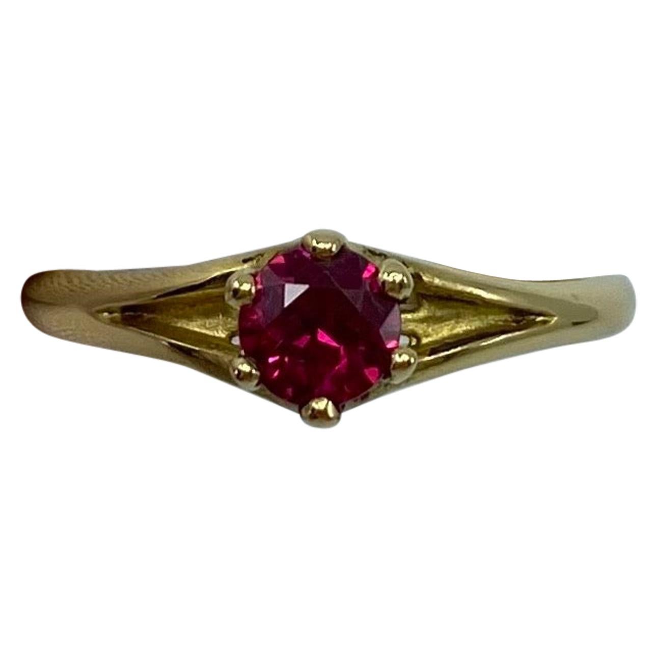 Deep Red Ruby Round Diamond Cut 18 Karat Yellow Gold Solitaire Ring