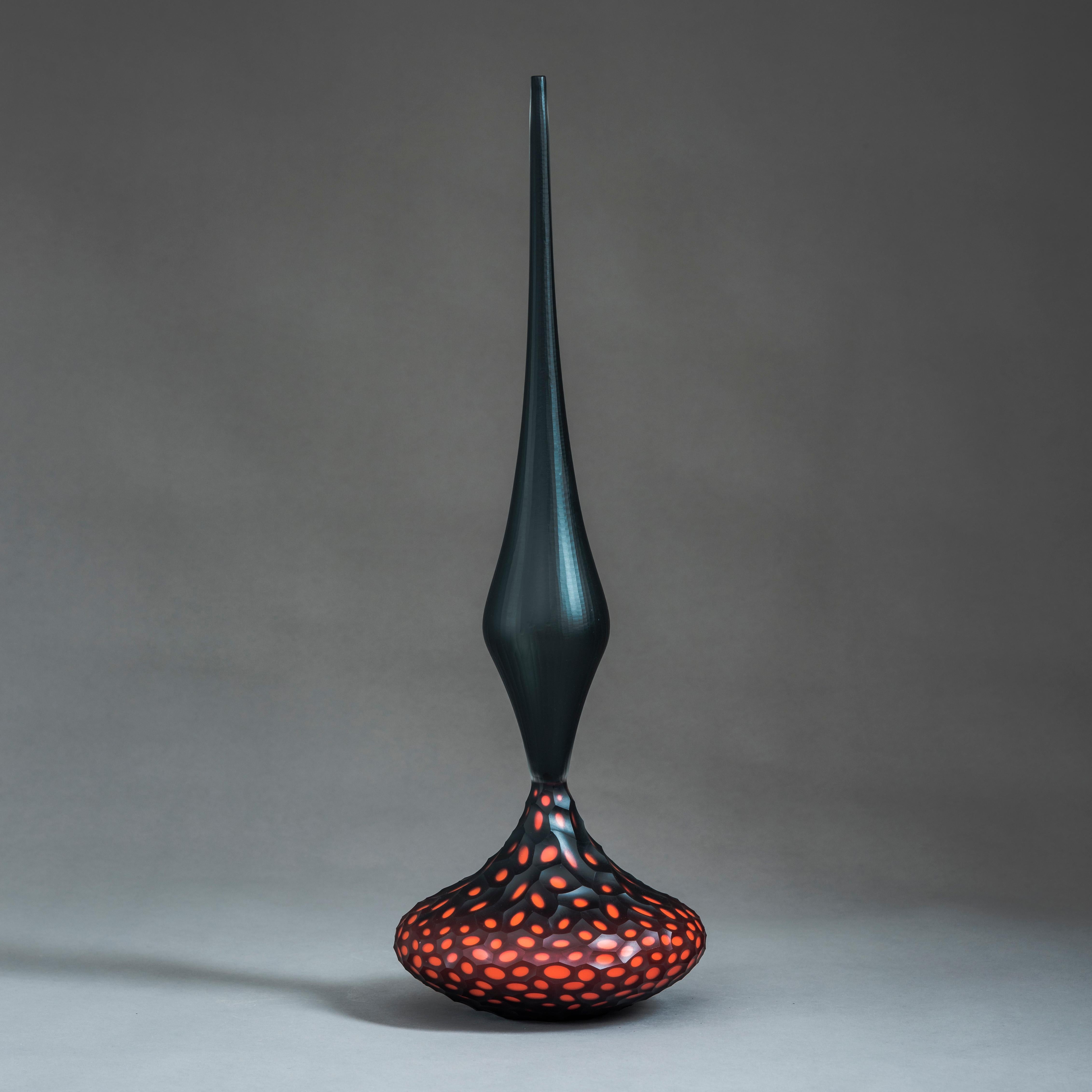 Deep Red Twilight III is a sculpture in red and blue / black glass by Philip Baldwin & Monica Guggisberg. A unique and exquisite artwork, which has been handblown and cut to the highest quality and refinement. 
Scandinavian and Venetian glassmaking