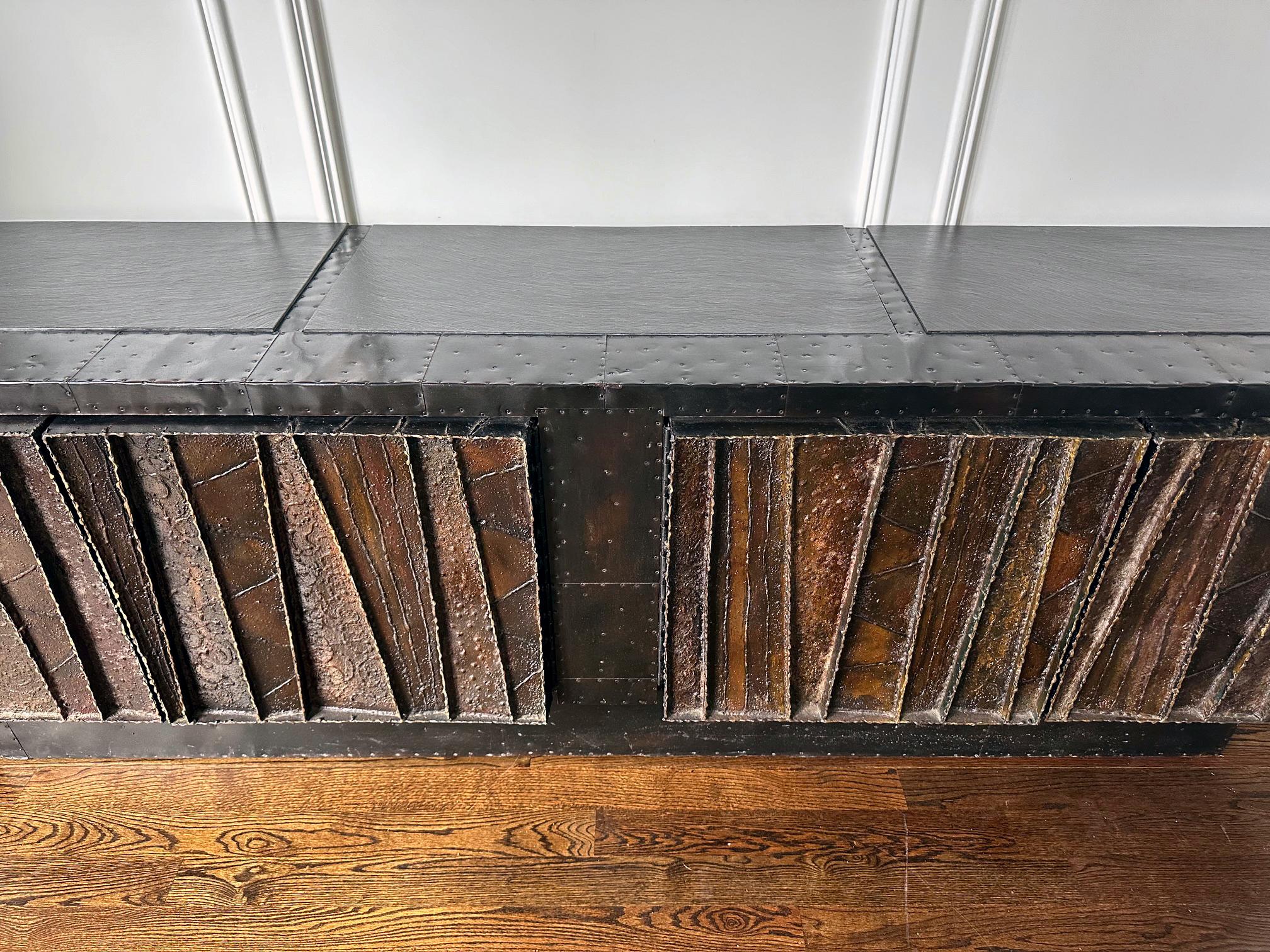 Deep Relief Steel Front Sideboard Cabinet PE-42 by Paul Evans For Sale 3