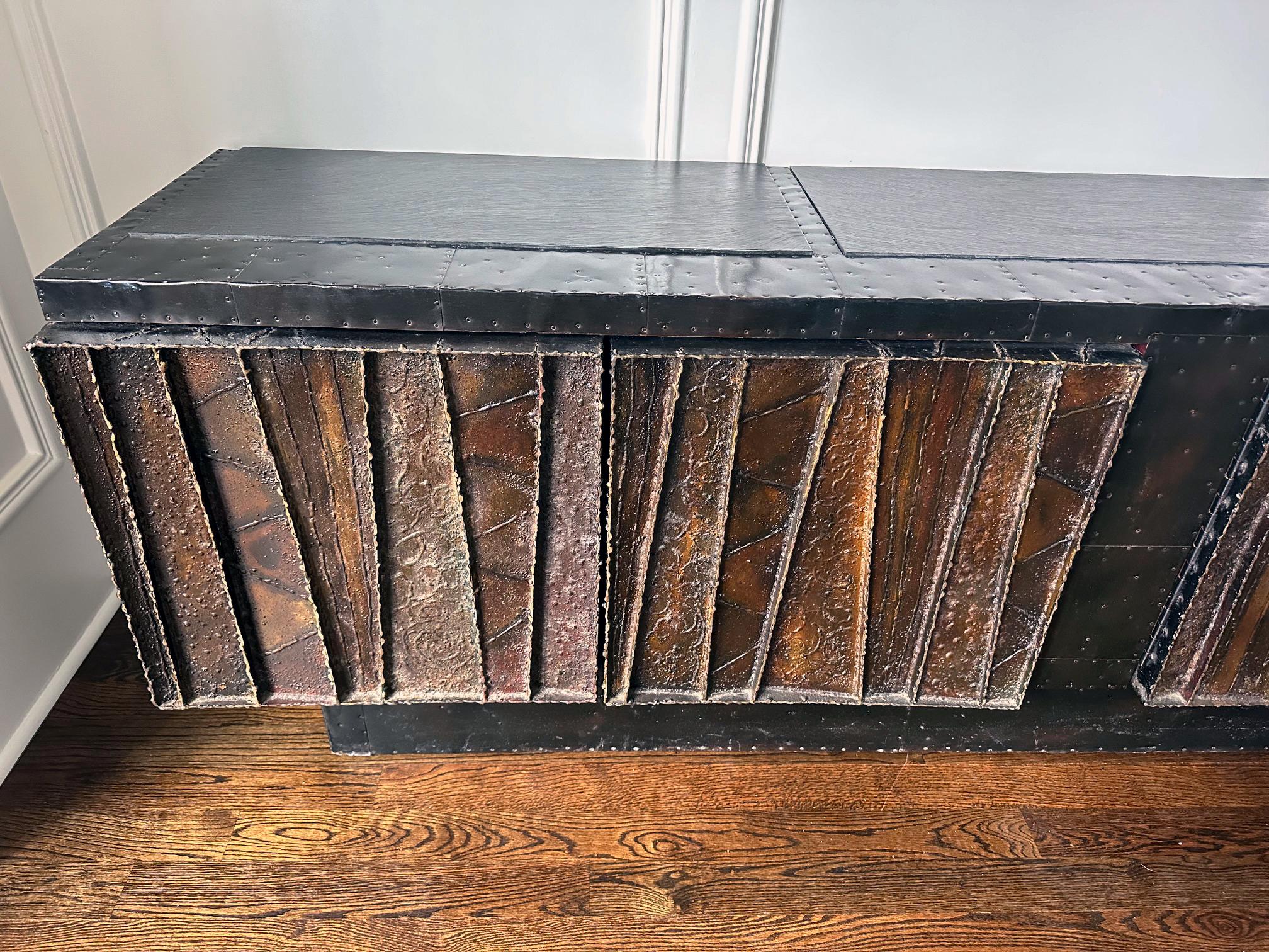 Deep Relief Steel Front Sideboard Cabinet PE-42 by Paul Evans For Sale 4