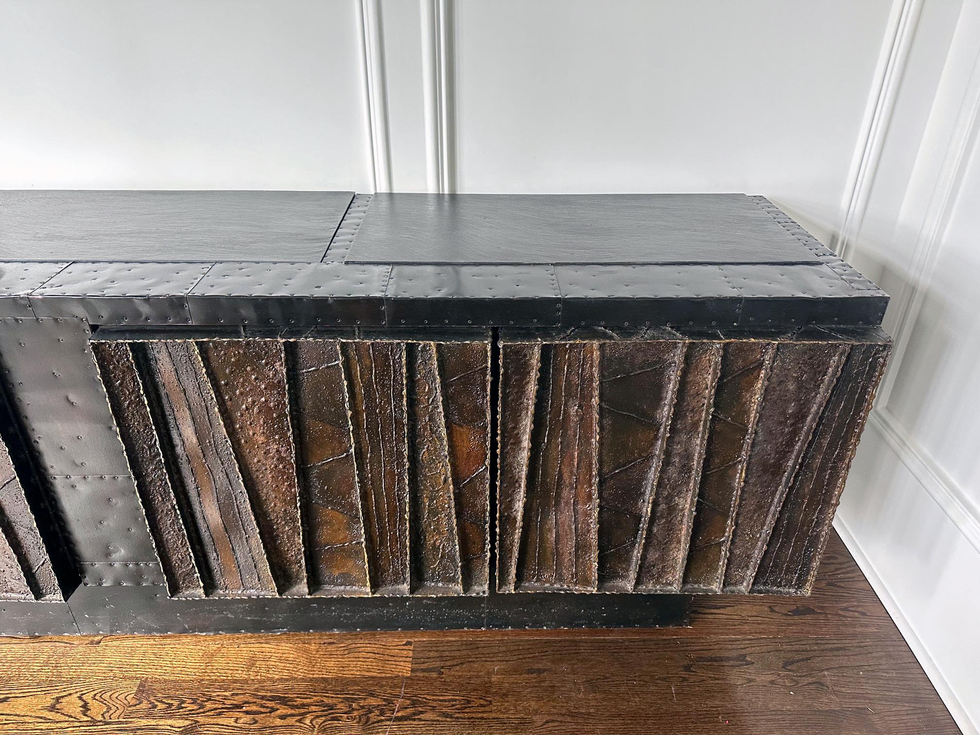 Deep Relief Steel Front Sideboard Cabinet PE-42 by Paul Evans For Sale 5