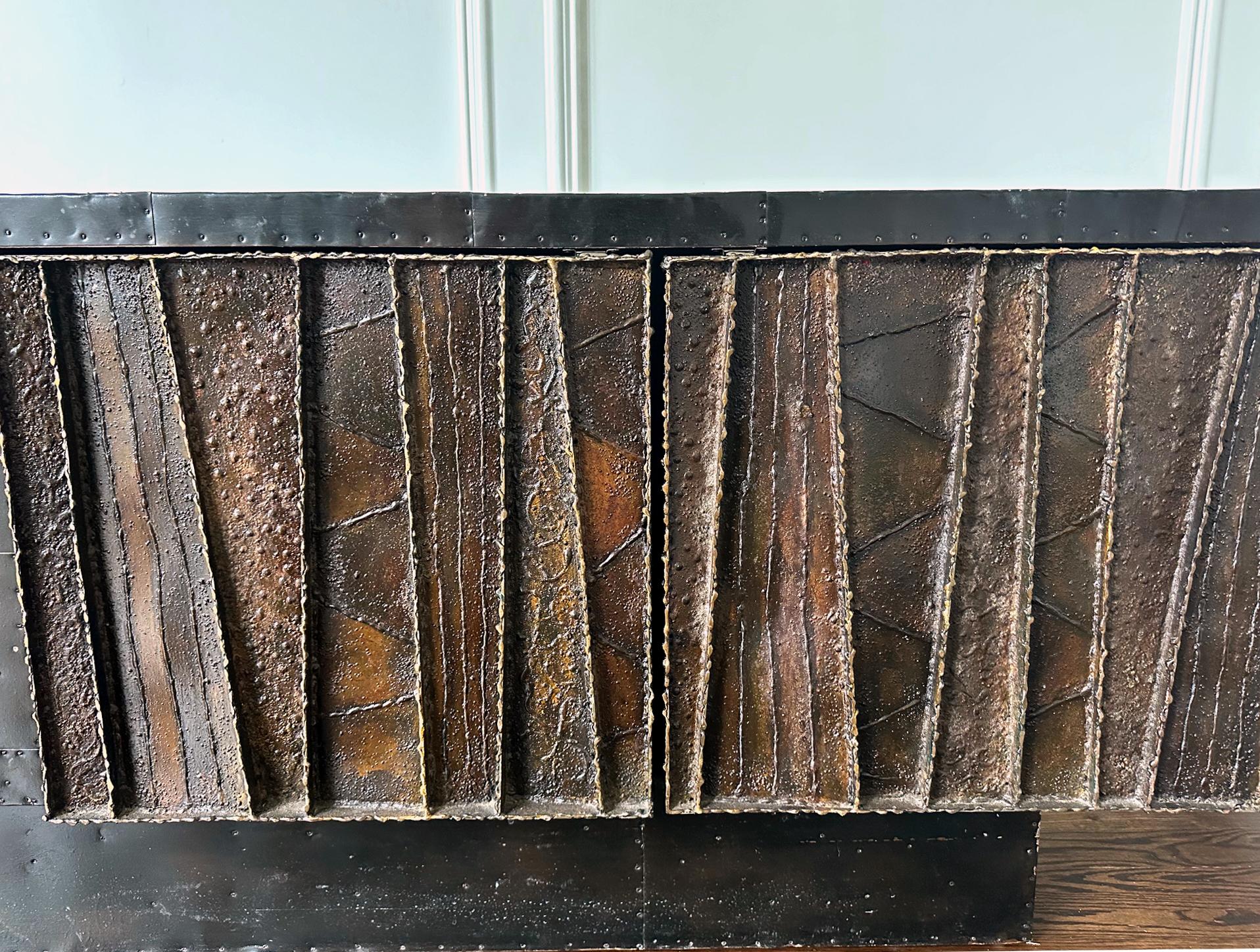 Deep Relief Steel Front Sideboard Cabinet PE-42 by Paul Evans For Sale 6