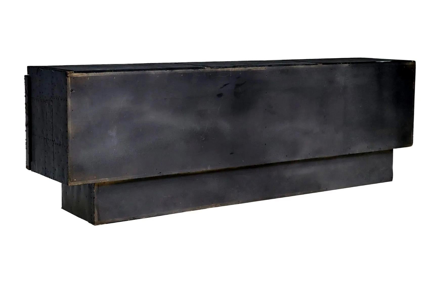 American Deep Relief Steel Front Sideboard Cabinet PE-42 by Paul Evans For Sale