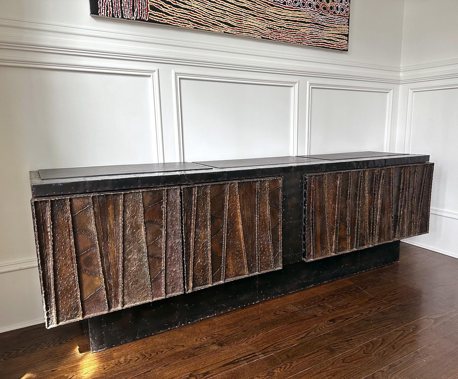 Welded Deep Relief Steel Front Sideboard Cabinet PE-42 by Paul Evans For Sale