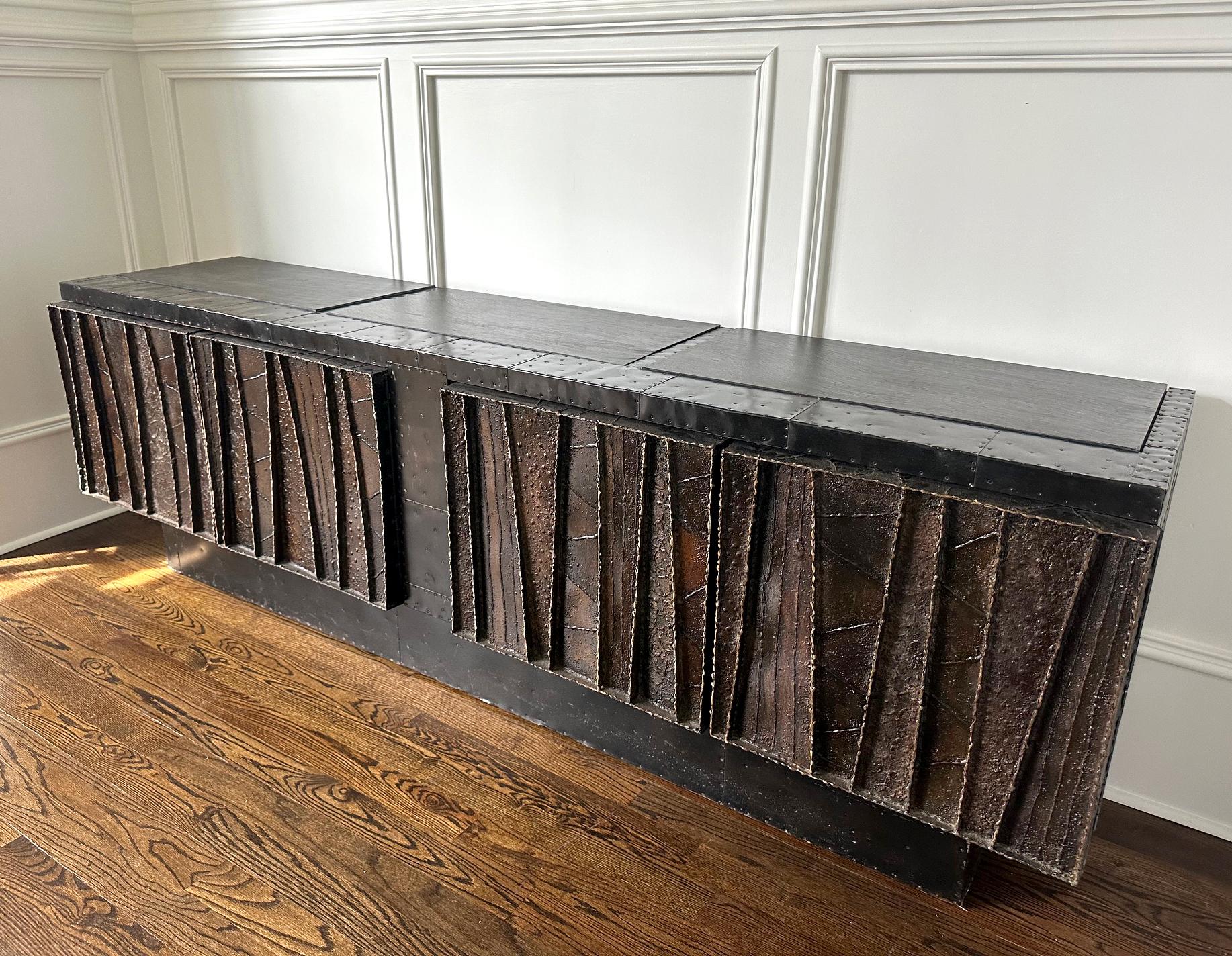 Deep Relief Steel Front Sideboard Cabinet PE-42 by Paul Evans In Good Condition For Sale In Atlanta, GA