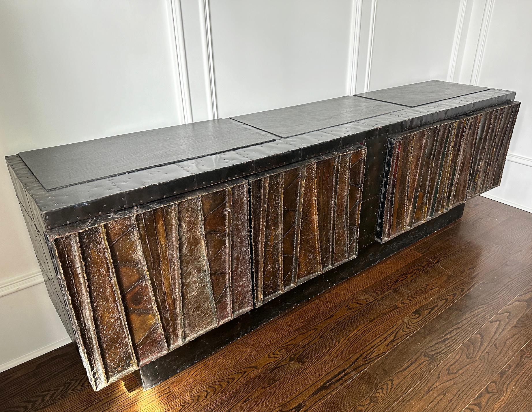 Late 20th Century Deep Relief Steel Front Sideboard Cabinet PE-42 by Paul Evans For Sale