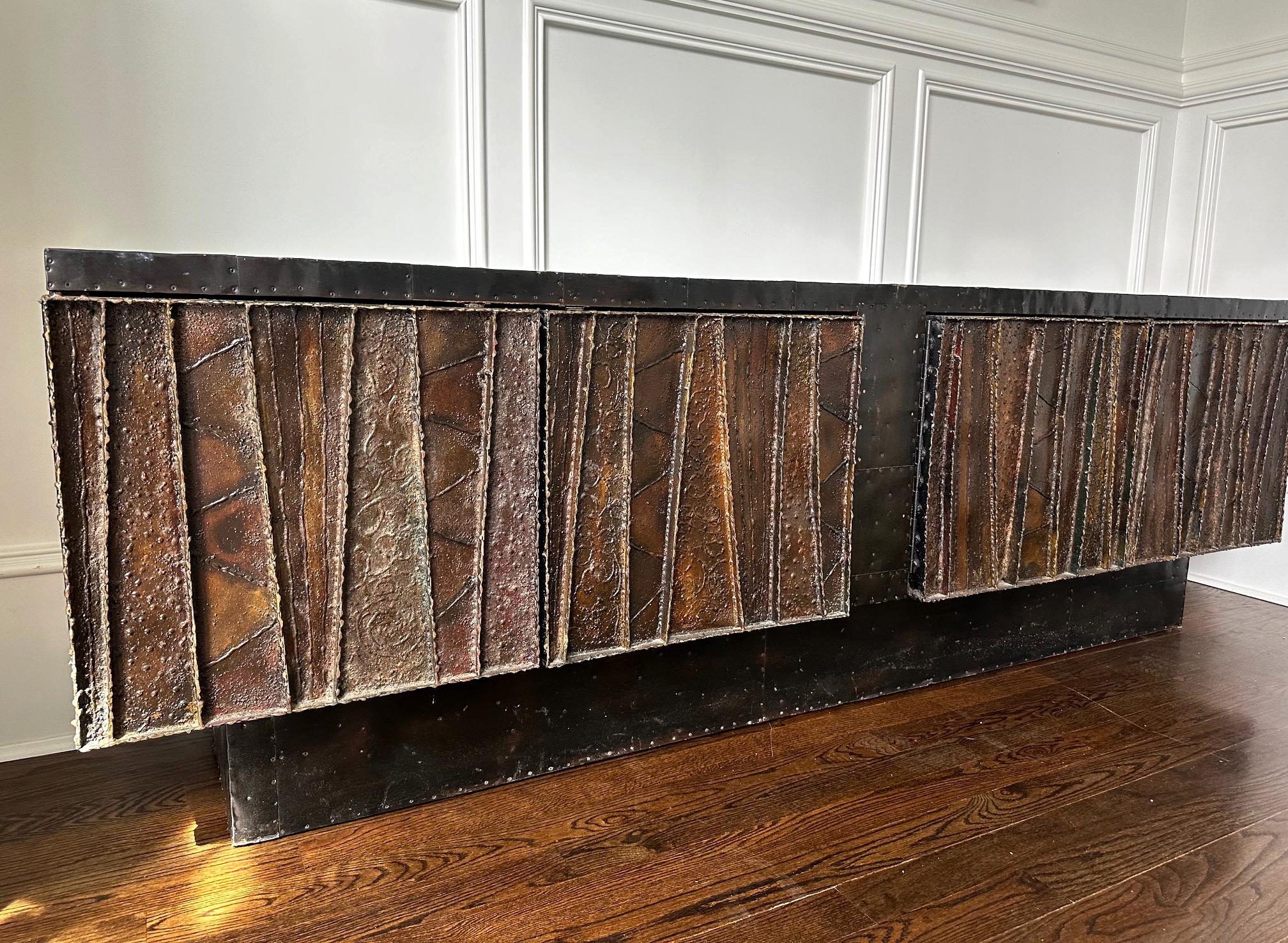 Deep Relief Steel Front Sideboard Cabinet PE-42 by Paul Evans For Sale 1