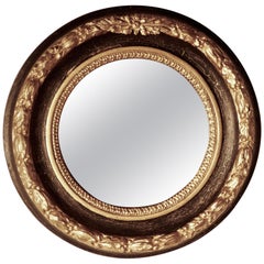 Antique Deep Round Frame French Empire Gilt and Black Wall Mirror
