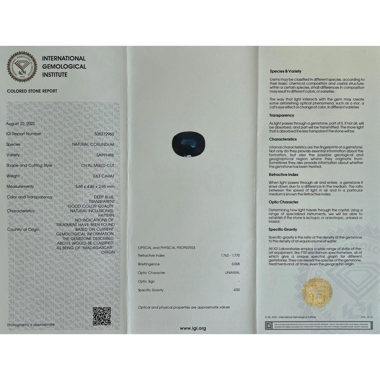 Deep Royal Blue Untreated Oval Cut Sapphire IGI Certified 0.63ct Loose Rare Gem For Sale 2