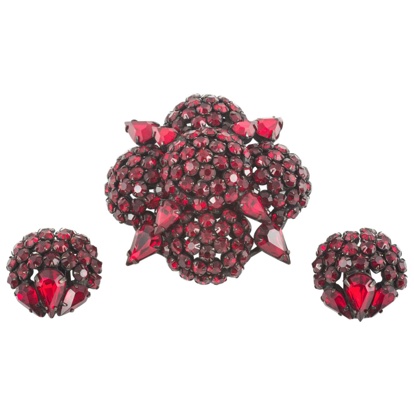 Deep ruby paste 'cruxiform'  brooch and earrings, Warner, USA, 1950s