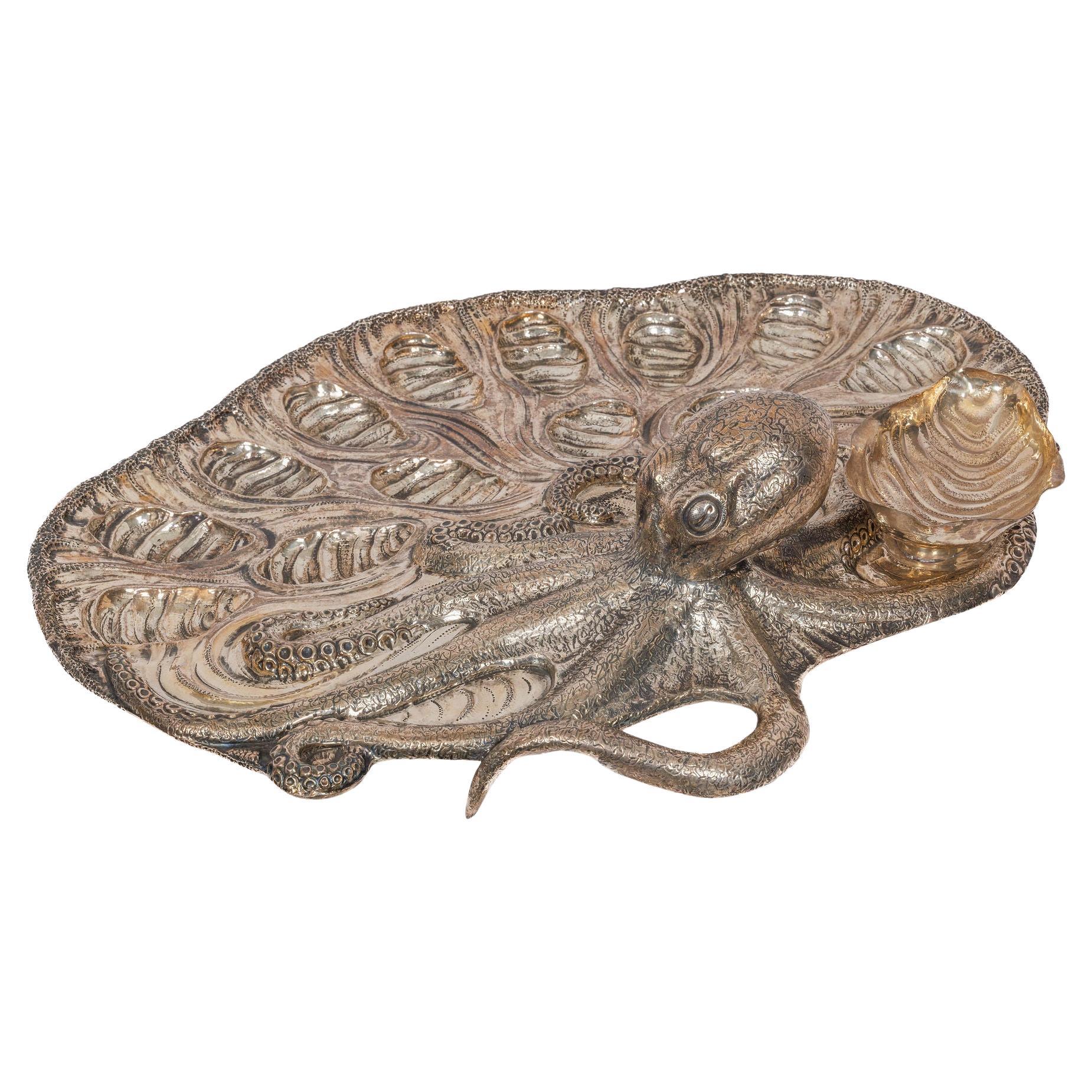 Deep Sea Majesty: Buccellati Sterling Silver Marine Oyster Tray with Octopus For Sale