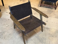 Deep Seated Sling Leather Lounge Chair; Framed in Warm Sienna Parawood