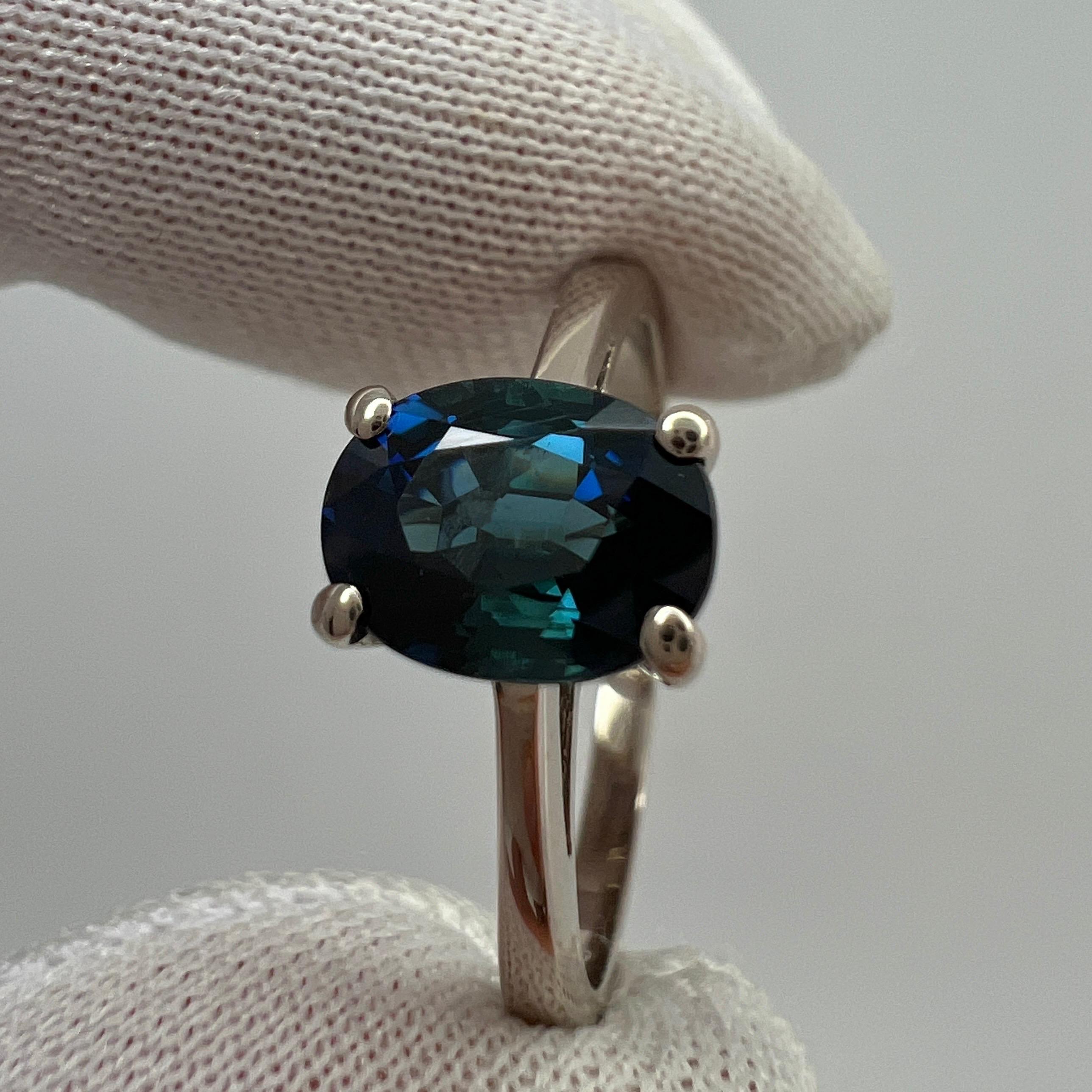 Natural Deep Teal Blue Sapphire 18K White Gold Solitaire Ring.

1.60 Carat stone with a stunning deep teal blue colour with greenish undertones and excellent clarity. Very clean stone.
The sapphire also has a very good oval cut which shows lots of