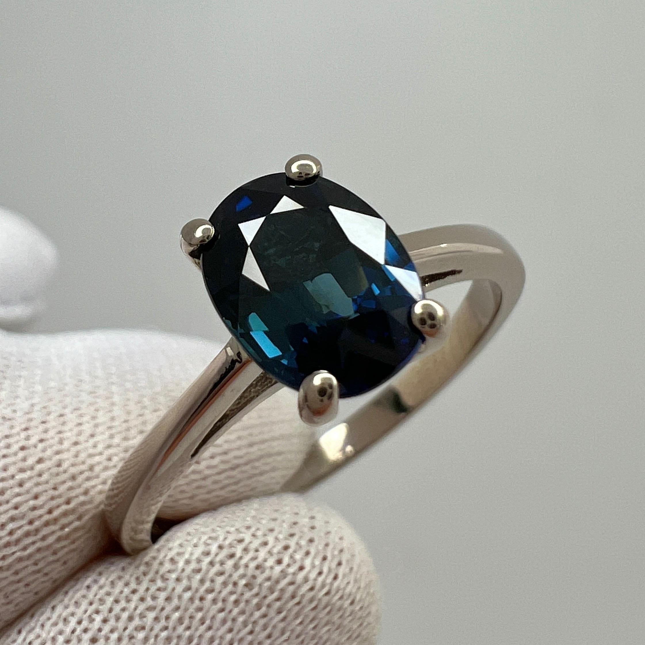 Women's or Men's Deep Teal Blue 1.60 Carat Sapphire Oval Cut 18 Karat White Gold Solitaire Ring For Sale