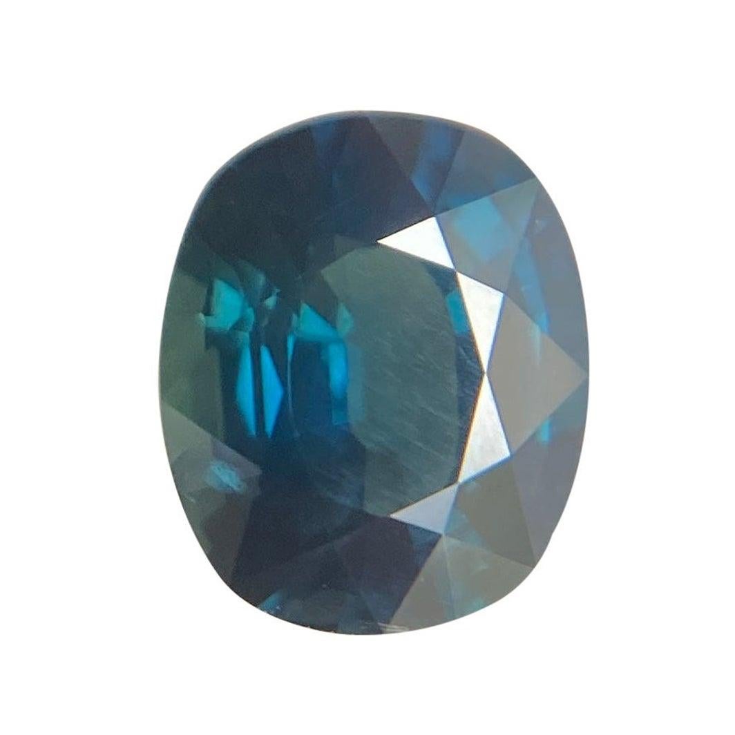 Deep Teal Blue Sapphire 1,55 Karat Cushion Cut Seltener Naturstein