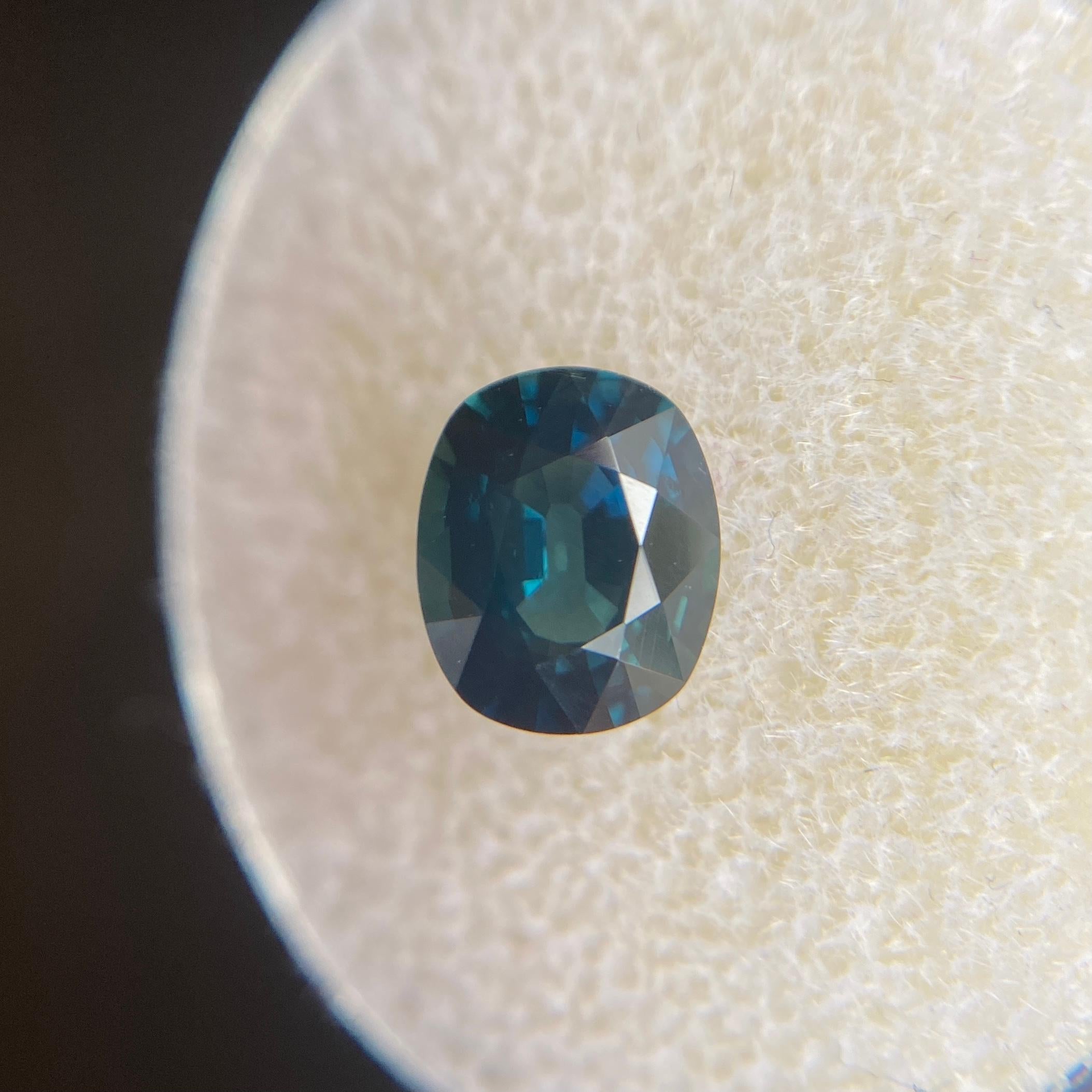 Deep Teal Blue Sapphire 1.55 Carat Cushion Cut Rare Natural Gem For Sale 2