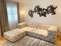 Deep Tufted 2 Piece Sectional Sofa Upholstered in Cream Colored Linen Fabric
