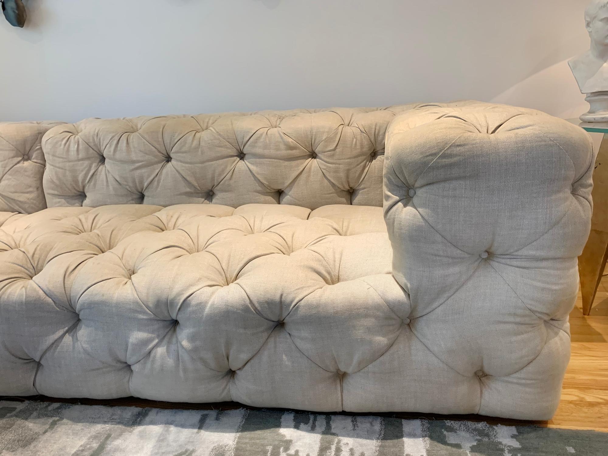 Contemporary Deep Tufted 2 Piece Sectional Sofa Upholstered in Cream Colored Linen Fabric