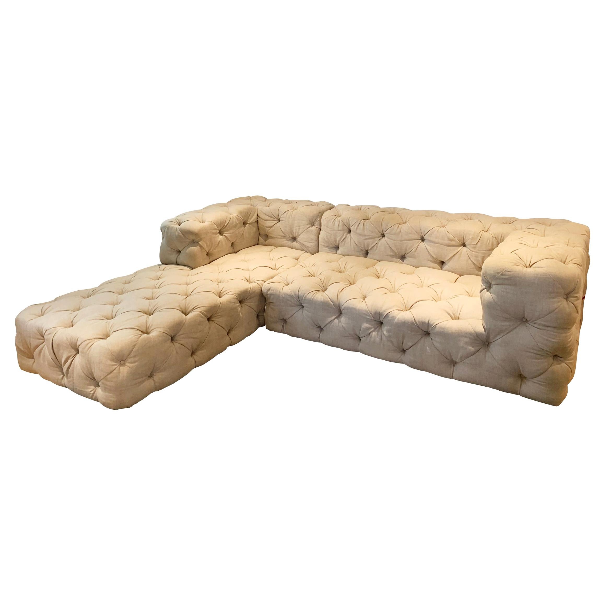 Deep Tufted 2 Piece Sectional Sofa Upholstered in Cream Colored Linen Fabric
