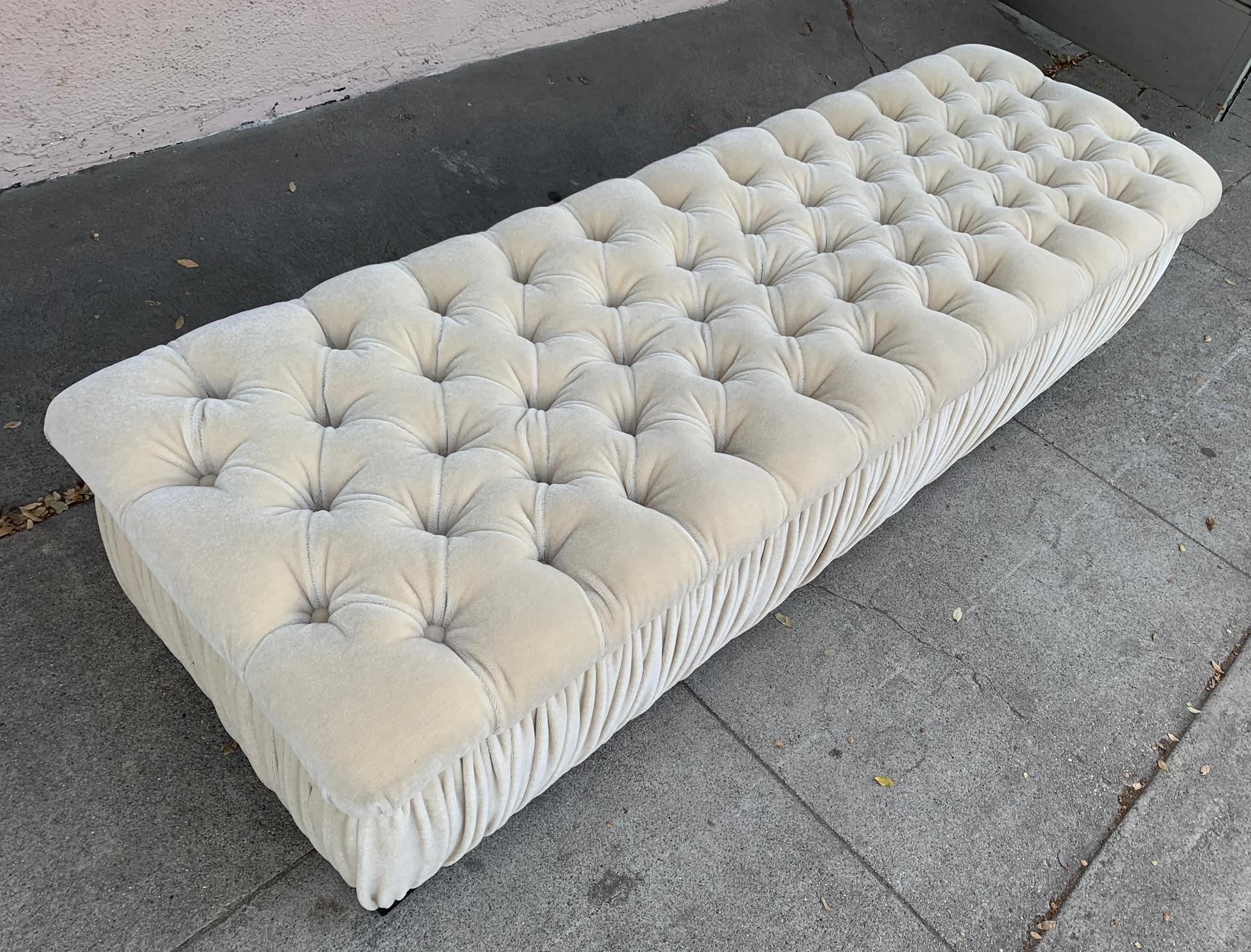 Contemporary Deep Tufted Bench Upholstered in Cream Mohair