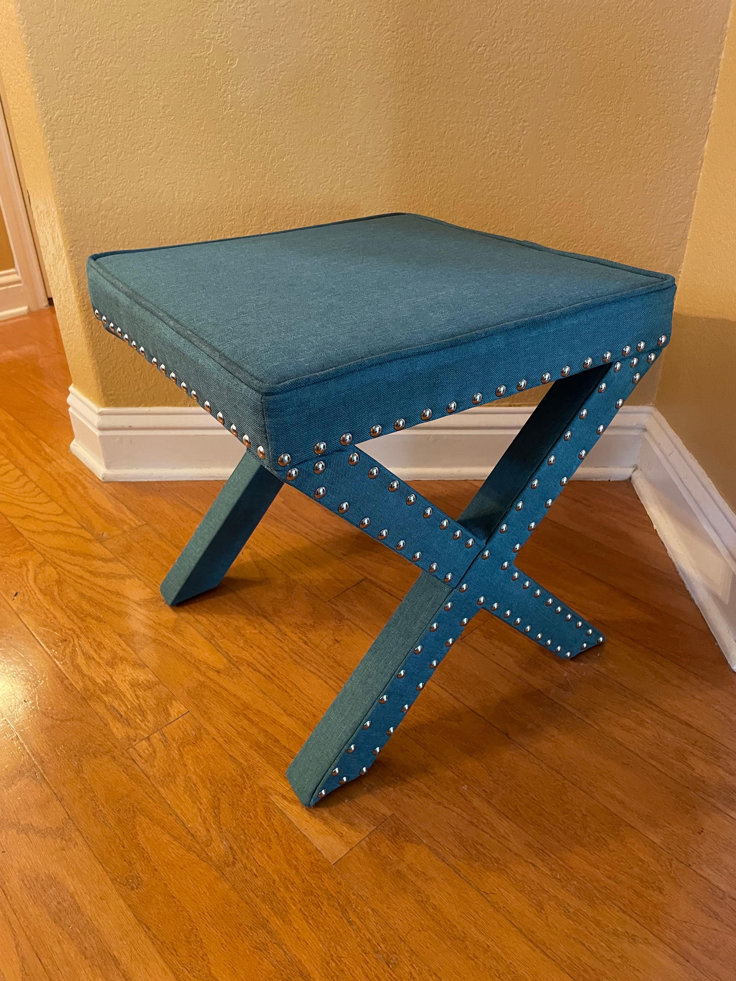 Hollywood Regency Deep Turquoise Blue-Green X Bench with Silver Nail Heads For Sale